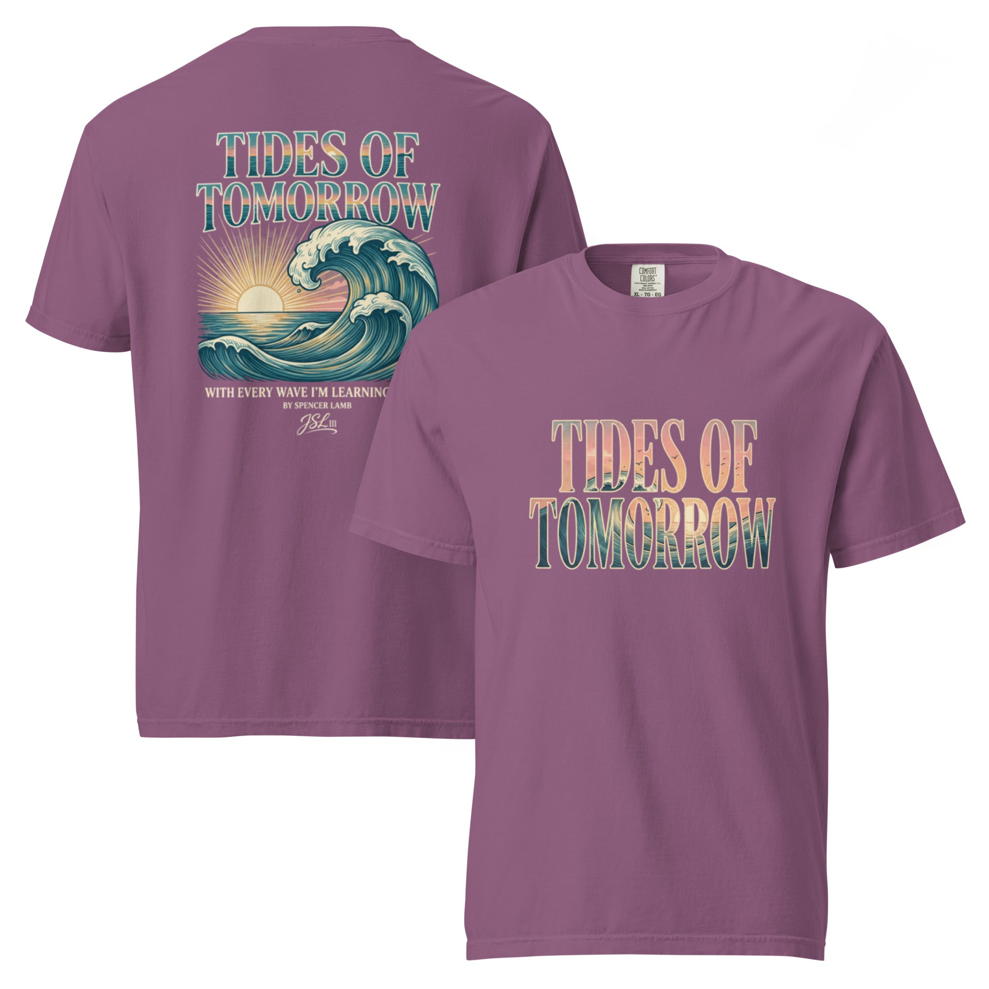 Berry unisex lyric T-shirt with “Tides of Tomorrow” wave graphic, short sleeves