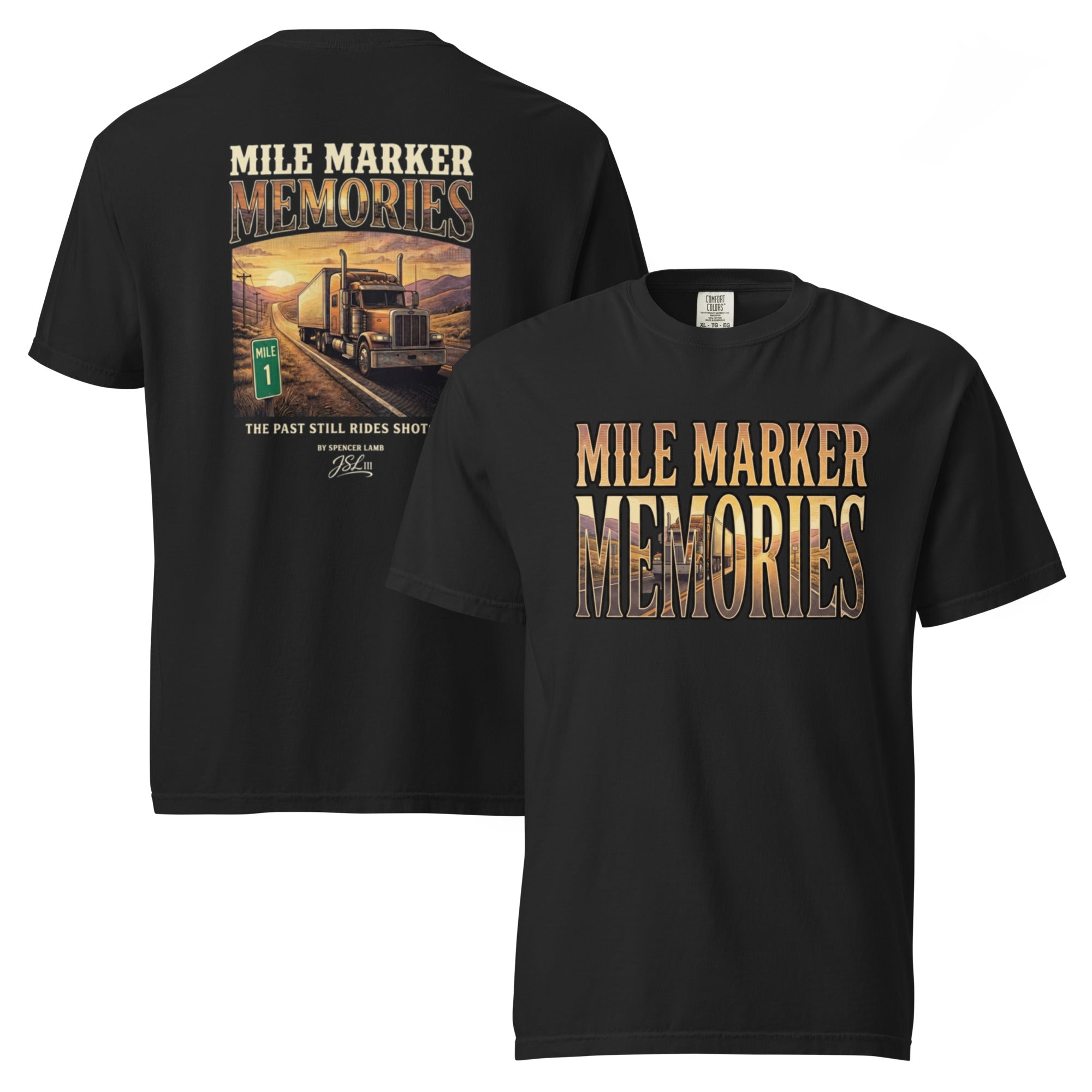 Black lyric graphic T-shirt with large back and front text-and-photo print