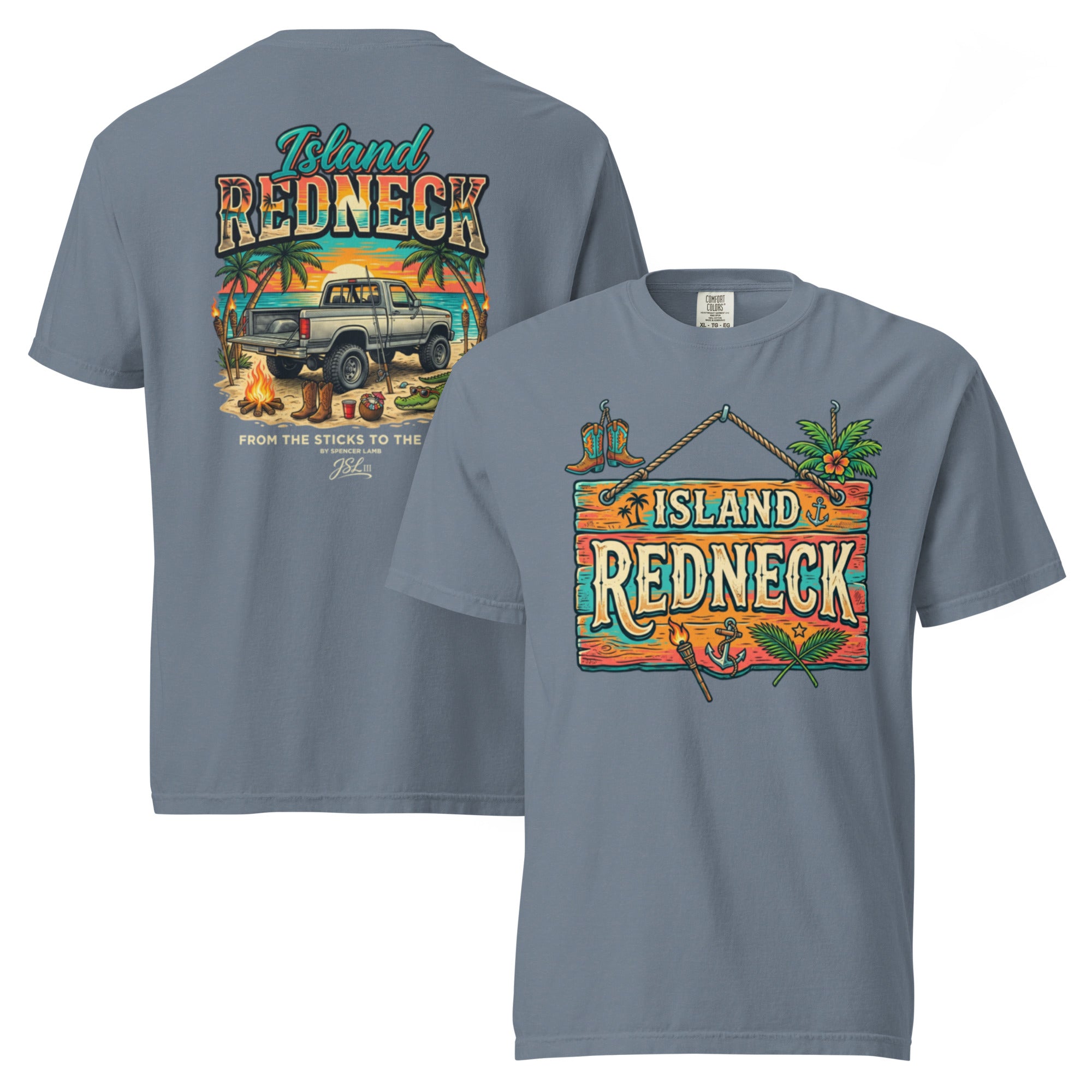 Powder blue lyric graphic T-shirt with front and back prints, island redneck design