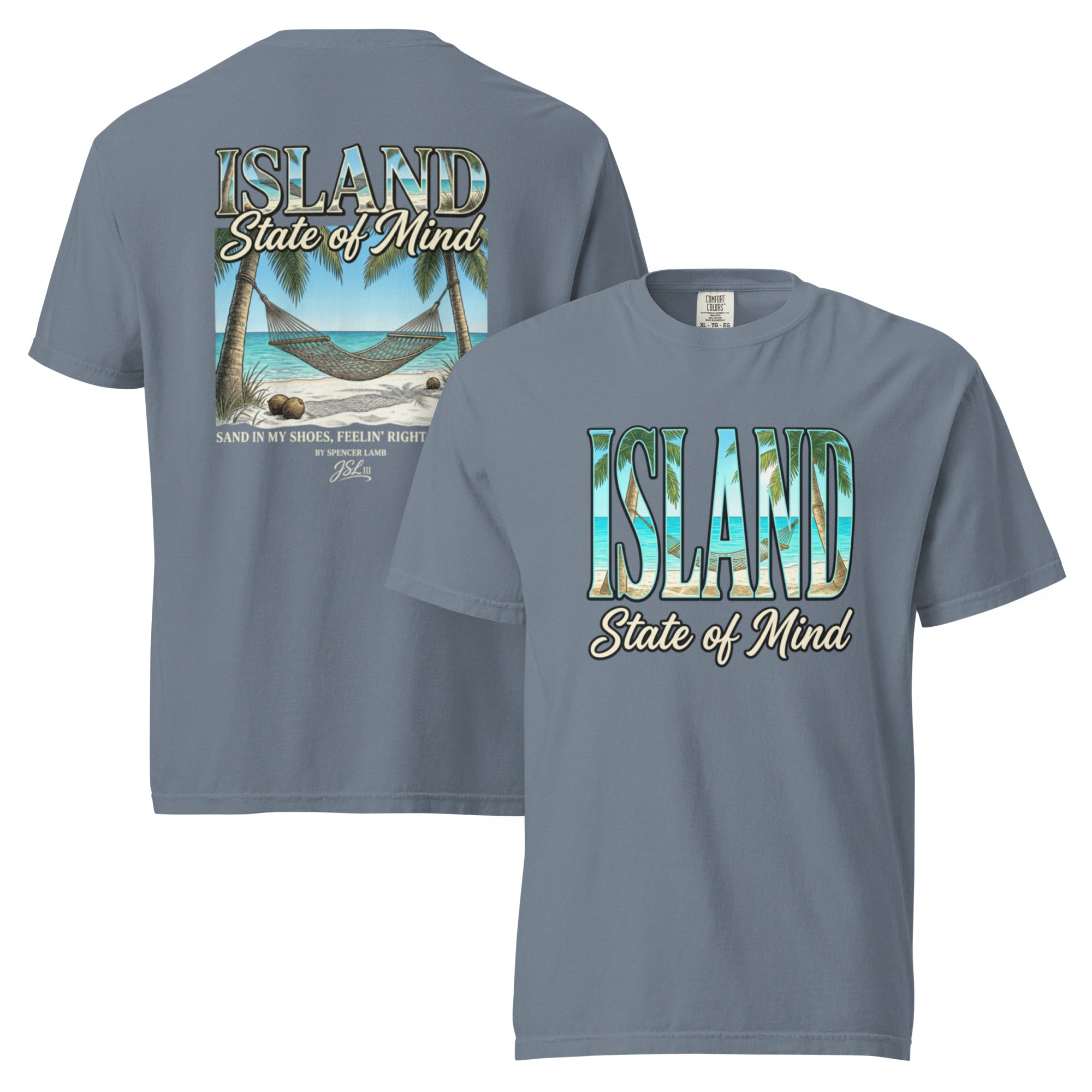 Blue-gray unisex T-shirt with front Island State of Mind graphic and small back text