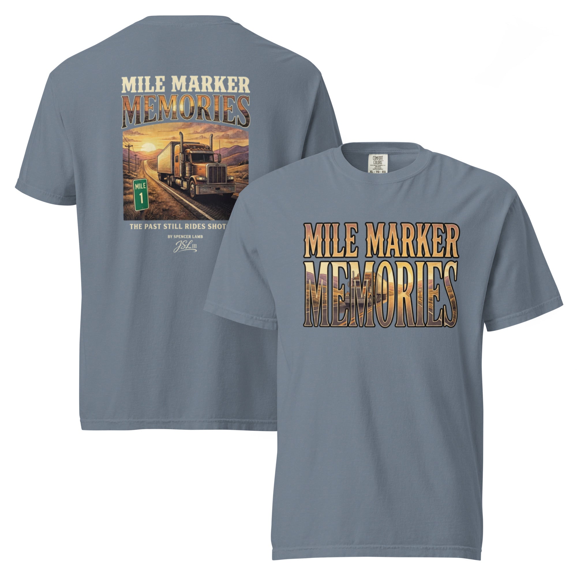 Light blue lyric graphic T-shirt with large back and front text-and-photo print