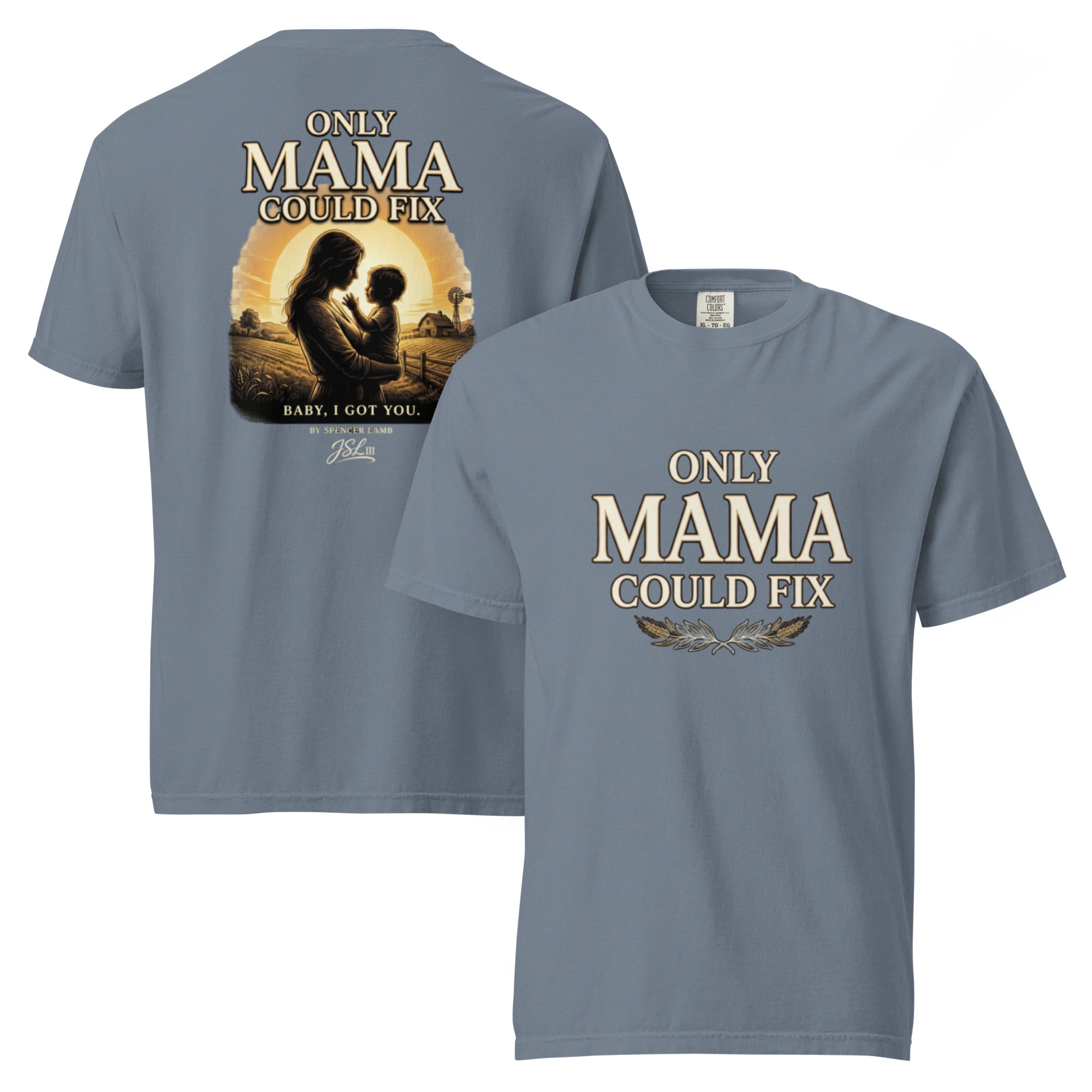 Slate blue unisex T-shirt with front and back graphic text print