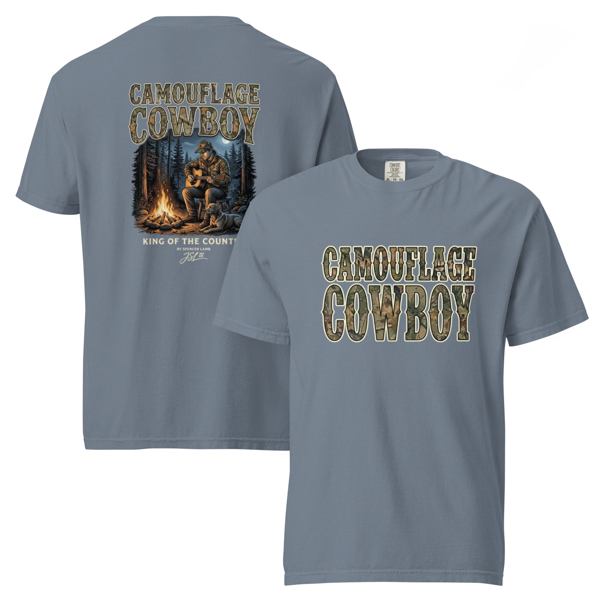 Unisex T-shirt, light blue, back cowboy and bear graphic with flames