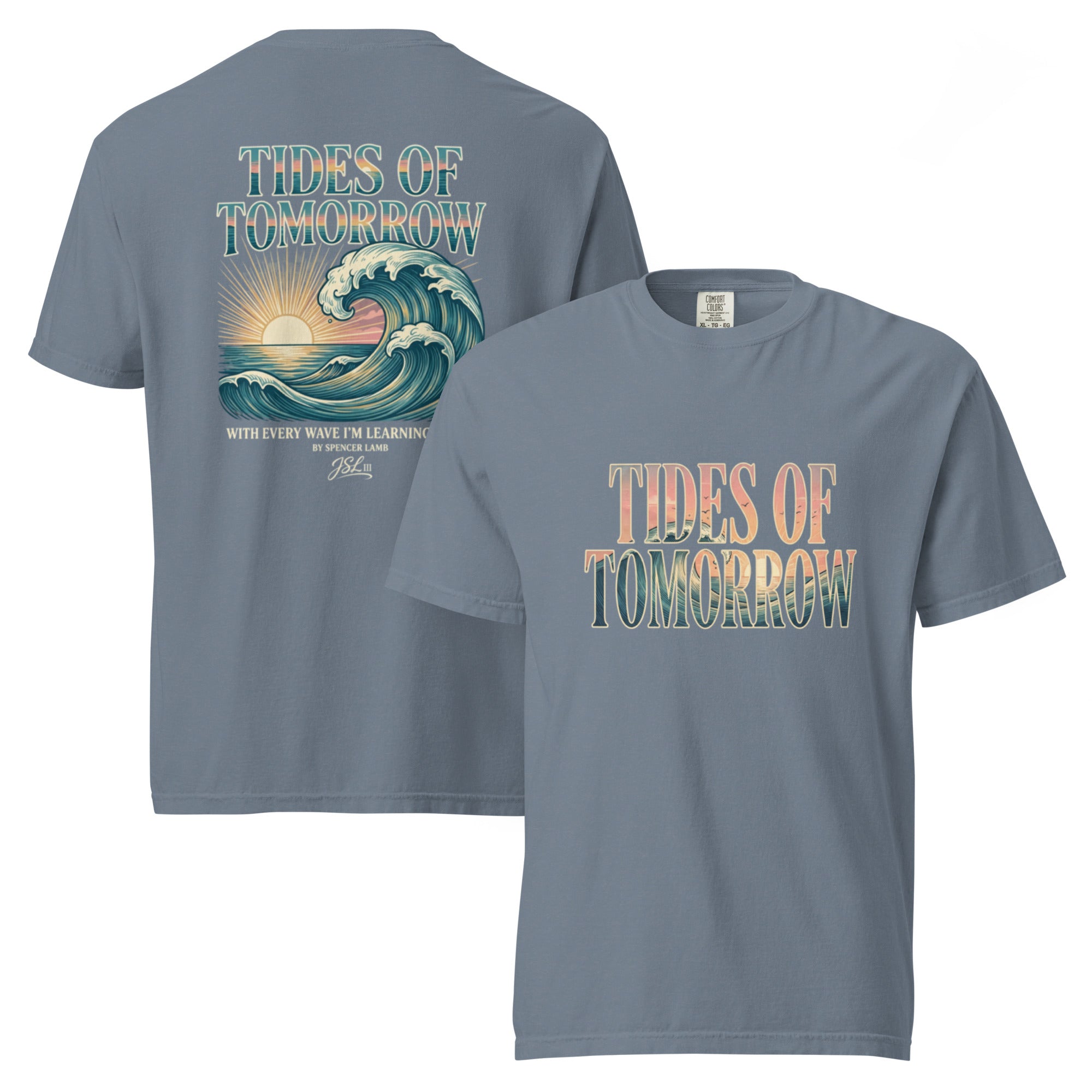 Slate T-shirt pair with wave and “Tides of Tomorrow” graphic, front and back