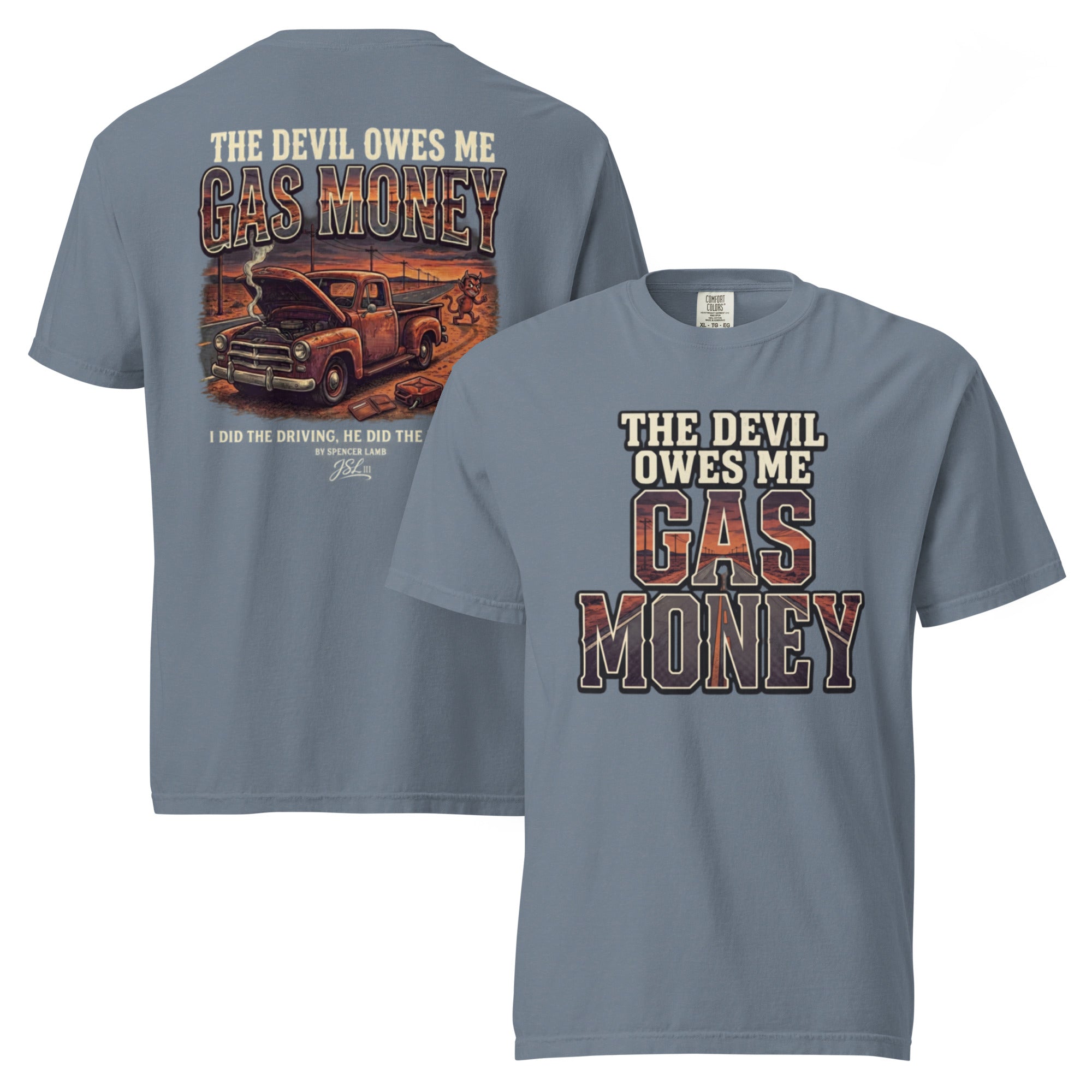 Light blue unisex T-shirt with Gas Money truck graphic and lyric text