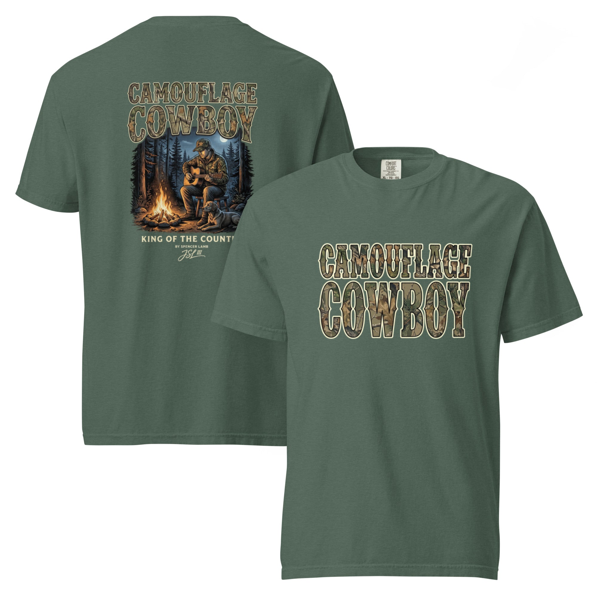Unisex T-shirt, dark olive green, front cowboy graphic with flames and boots