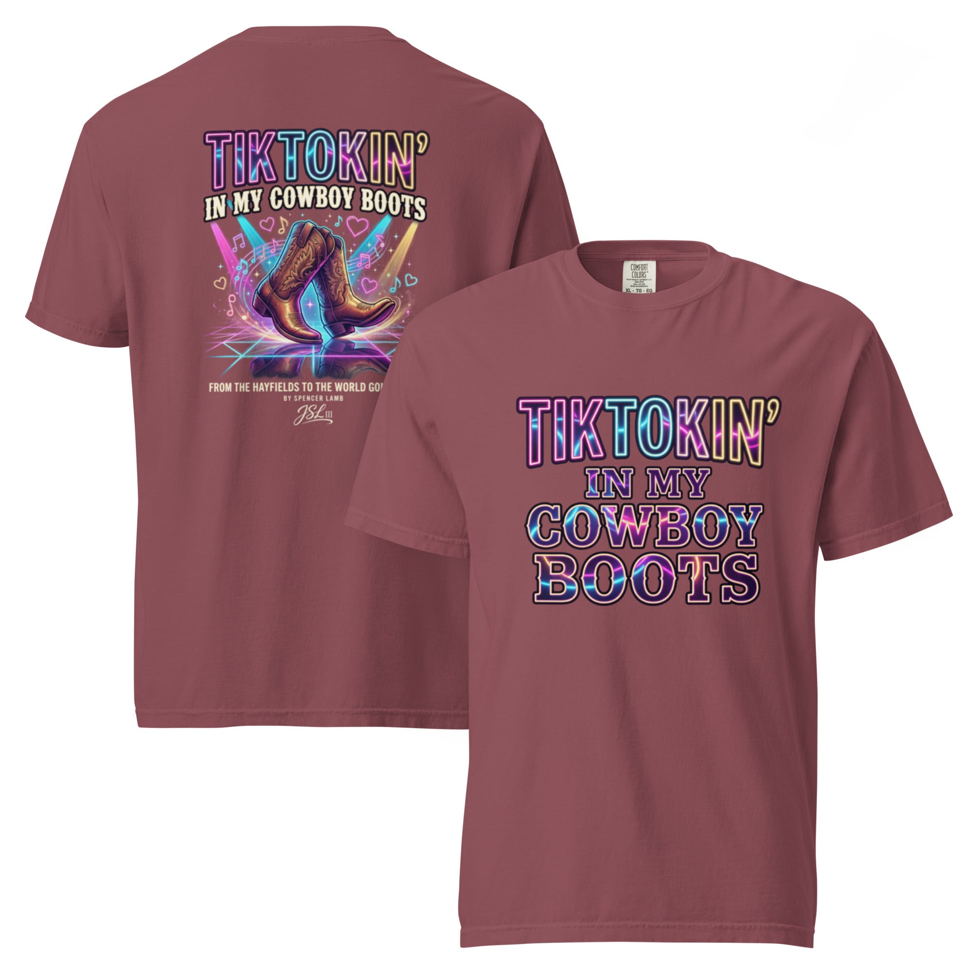 Unisex graphic T-shirt, maroon, front and back cowboy boots lyric print