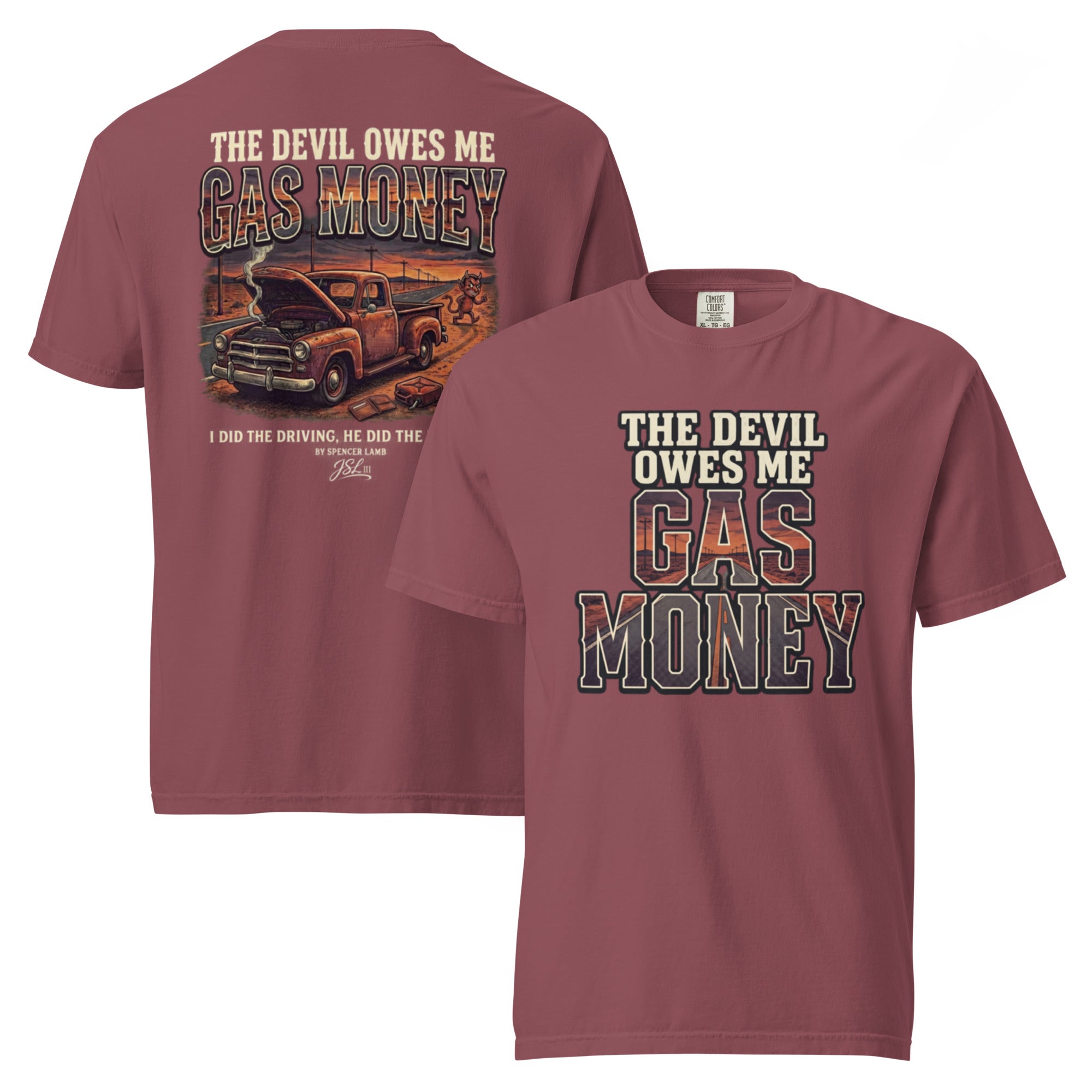 Brick red unisex T-shirt with Gas Money truck graphic and lyric text