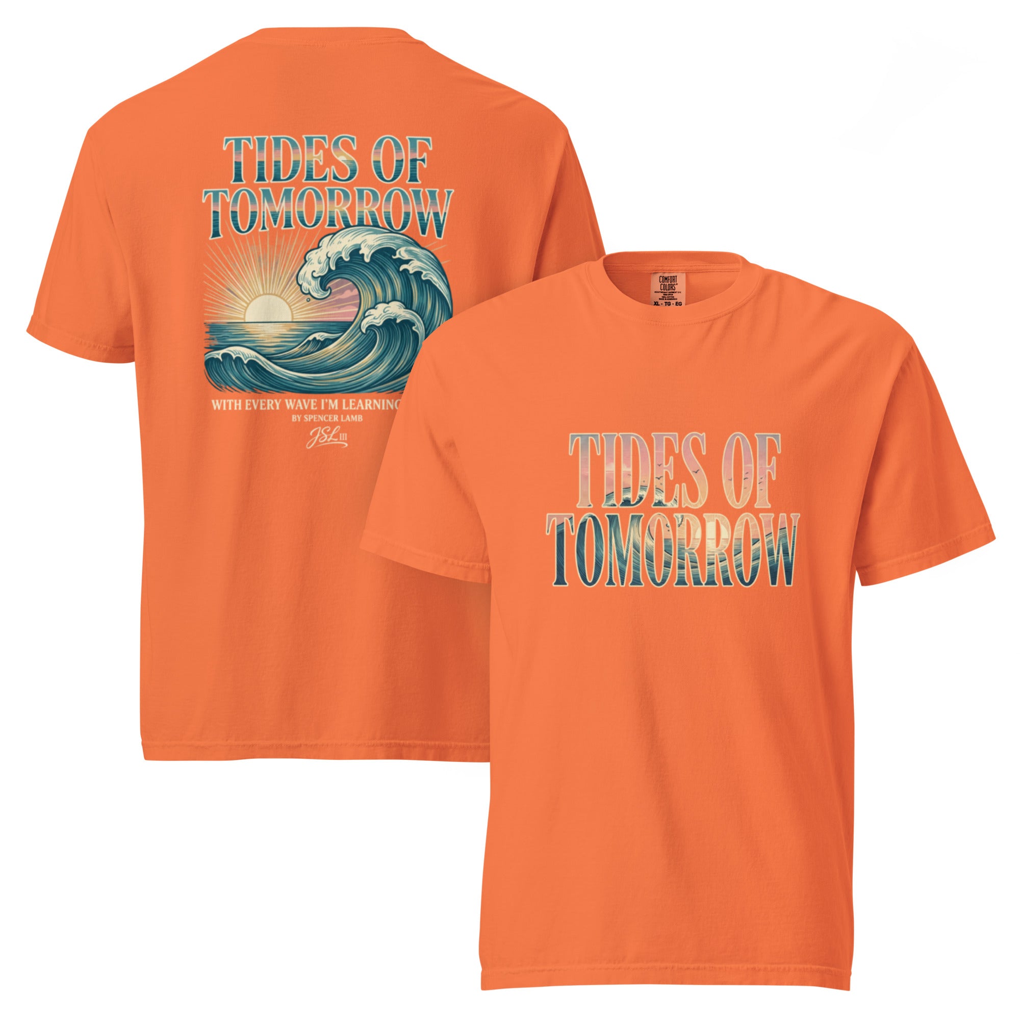 Orange T-shirt pair with wave and “Tides of Tomorrow” graphic, front and back