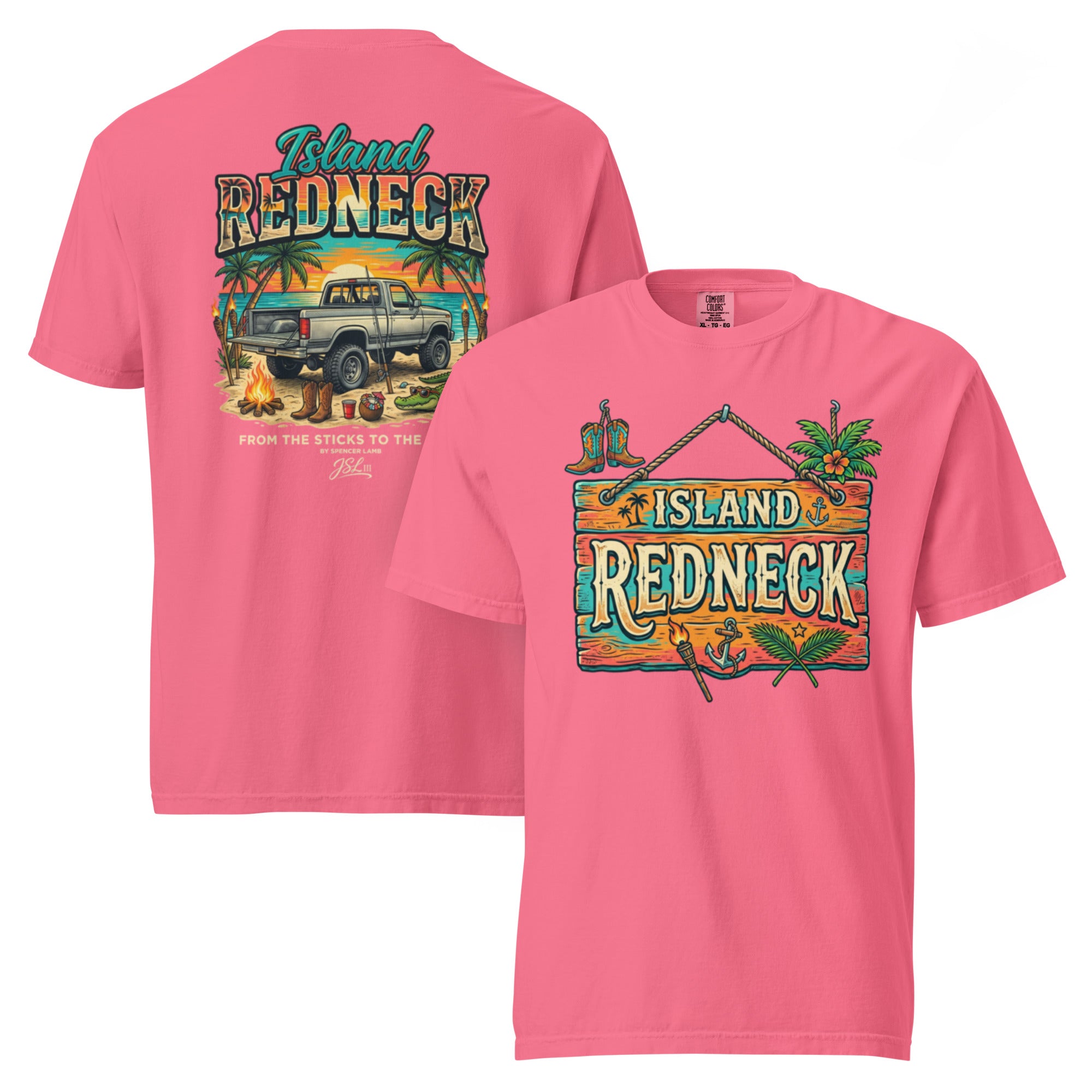 Pink lyric graphic T-shirt with front and back prints, island redneck artwork