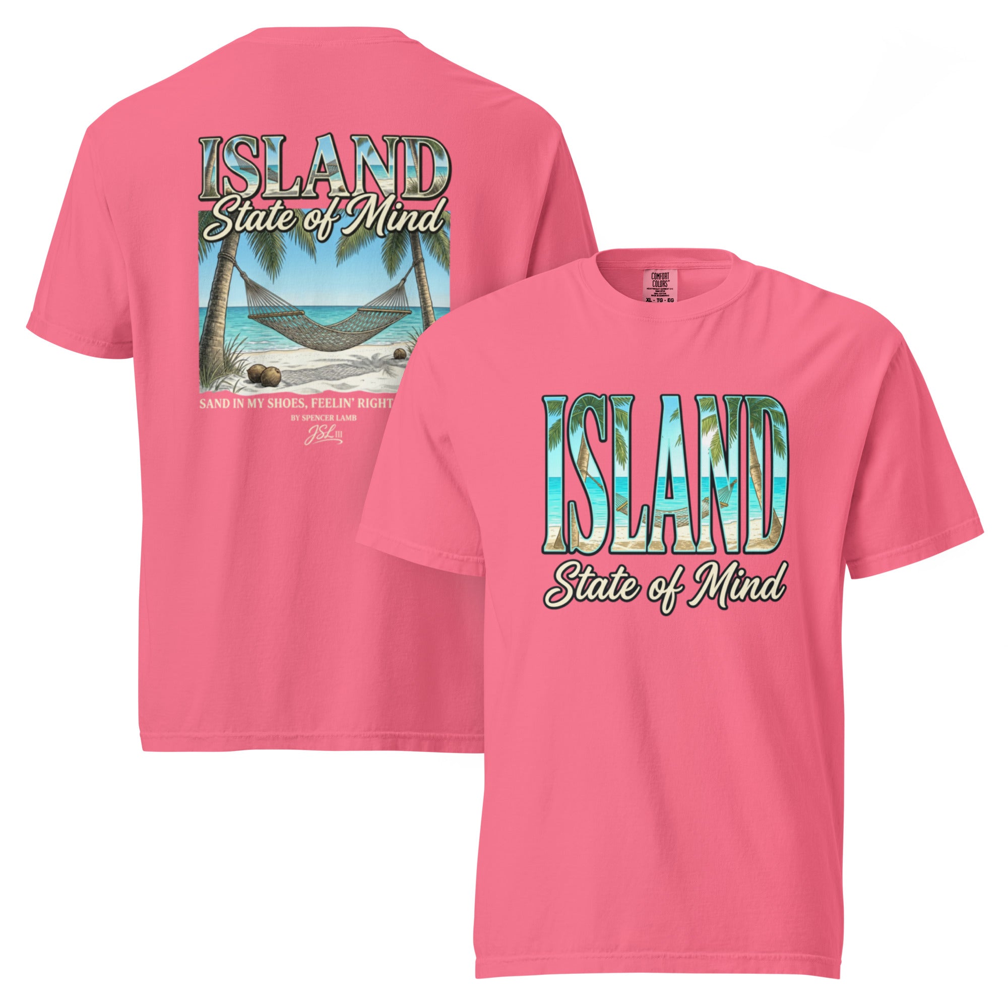 Pink unisex T-shirt with front Island State of Mind graphic and matching back print