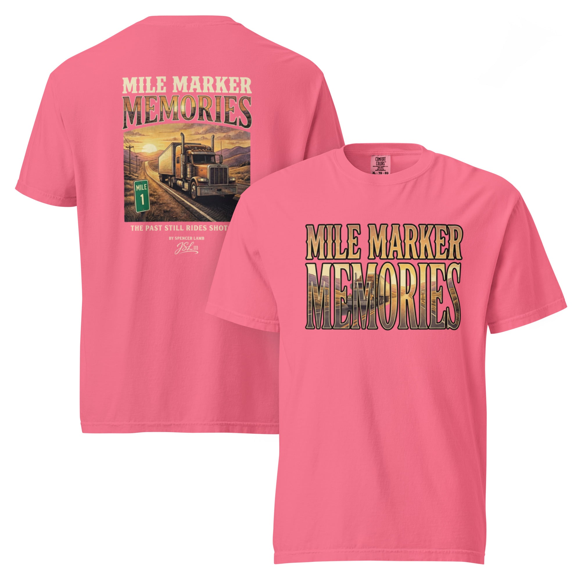 Pink lyric graphic T-shirt with large back and front text-and-photo print