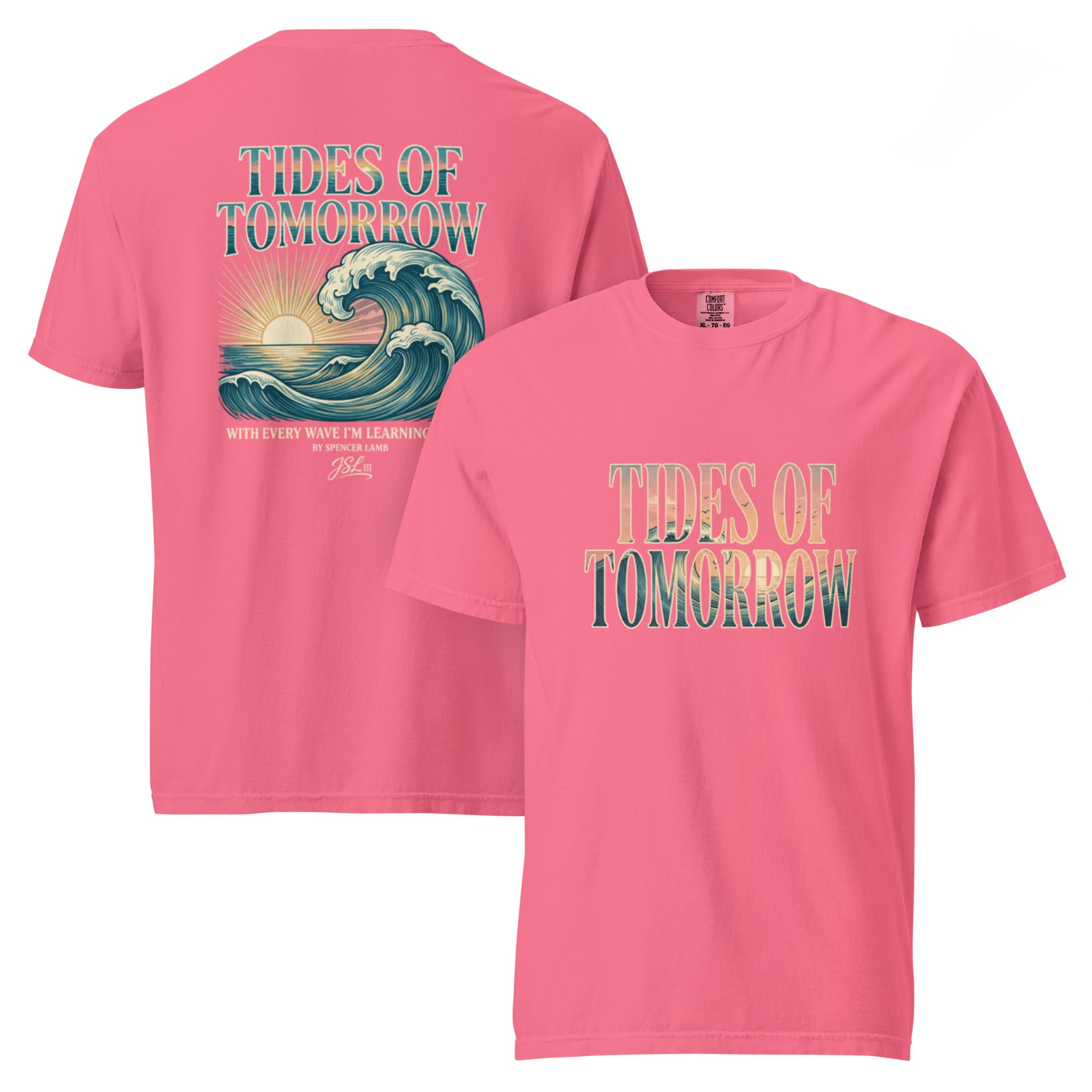 Pink unisex lyric T-shirt with “Tides of Tomorrow” wave graphic, short sleeves