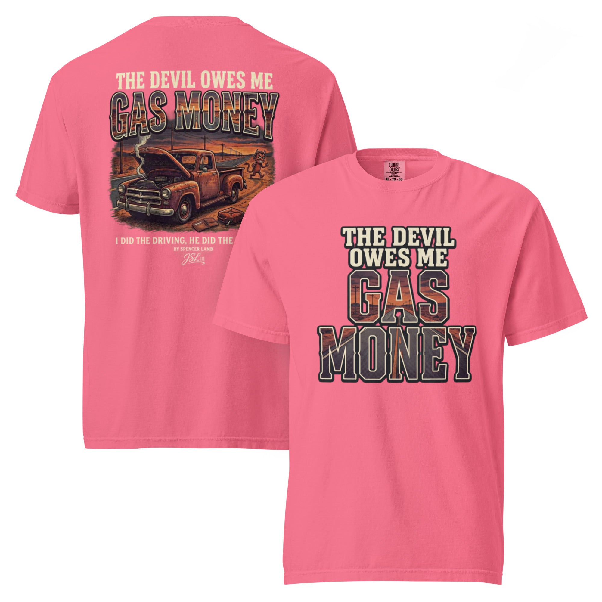 Pink unisex T-shirt with Gas Money truck graphic and lyric text