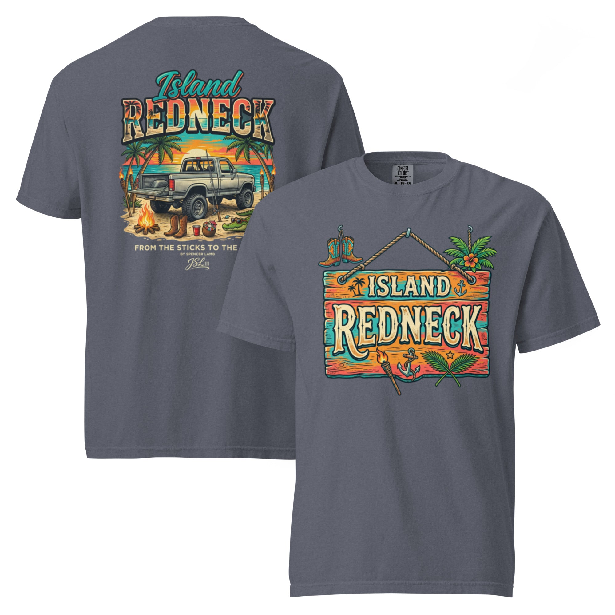 Steel blue lyric graphic T-shirt with front and back prints, island redneck artwork