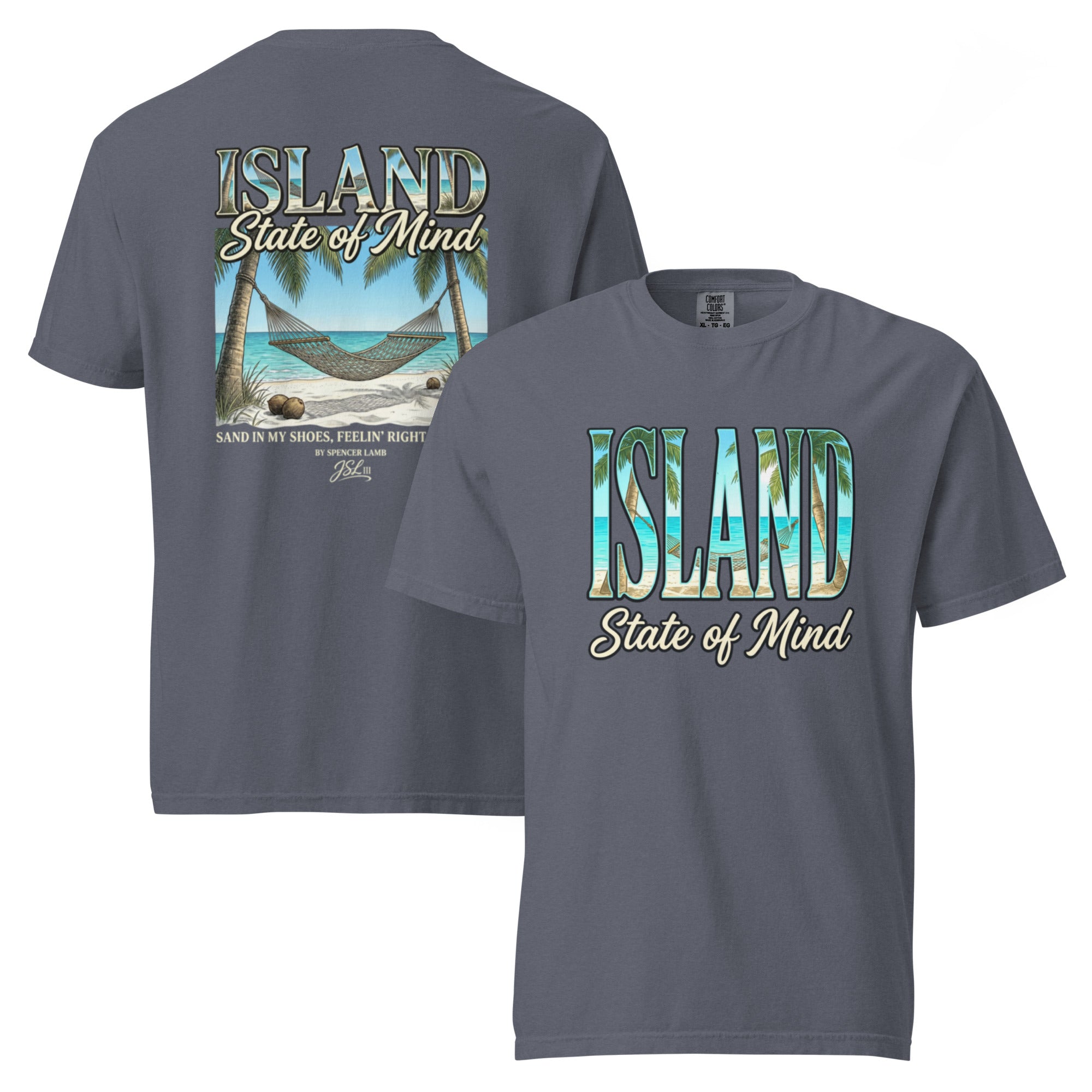 Gray unisex T-shirt with front Island State of Mind graphic and back island-themed artwork