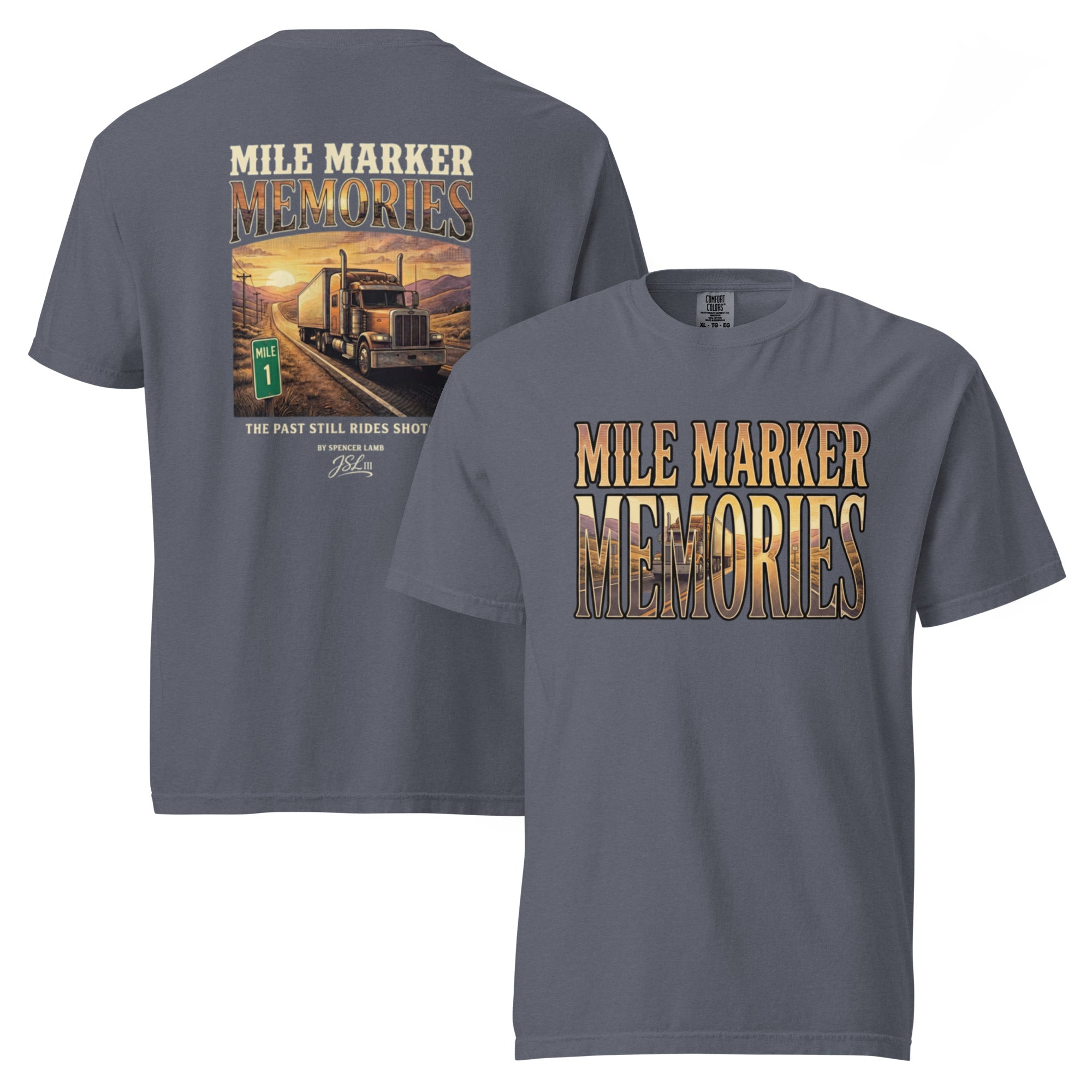 Steel blue lyric graphic T-shirt with large back and front text-and-photo print