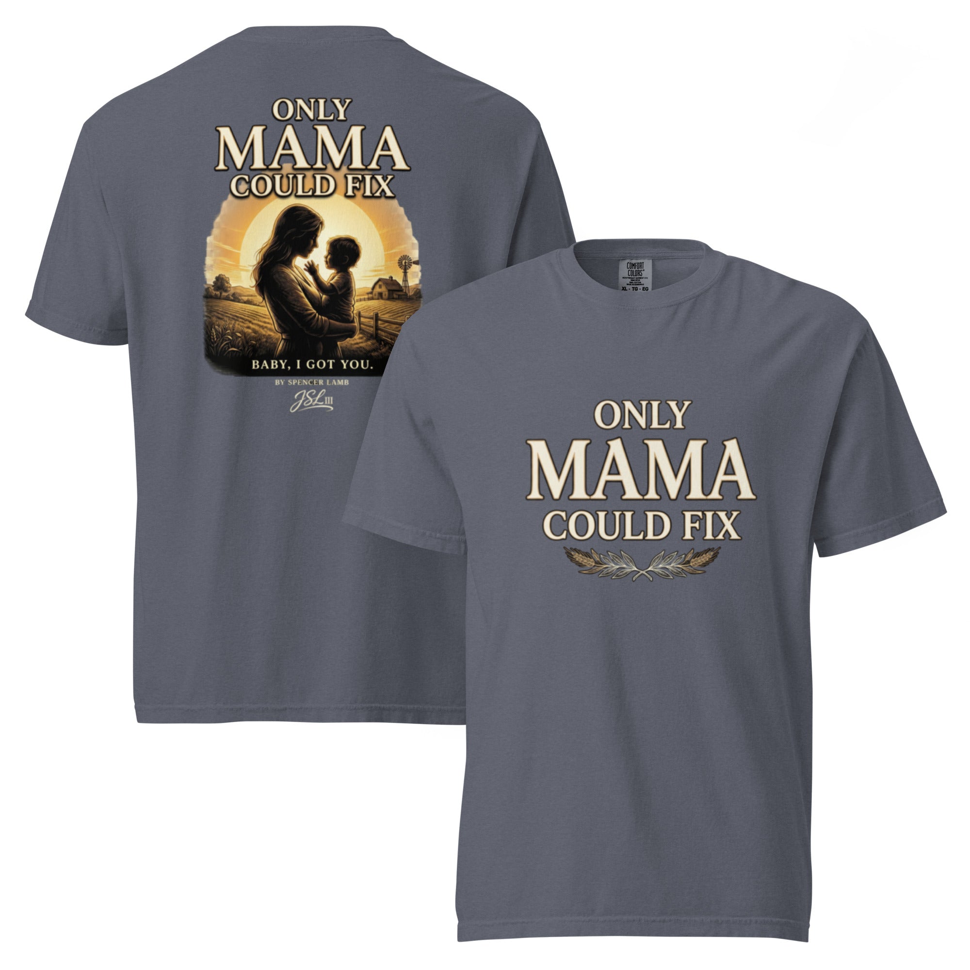Blue-gray unisex T-shirt with front and back graphic text print