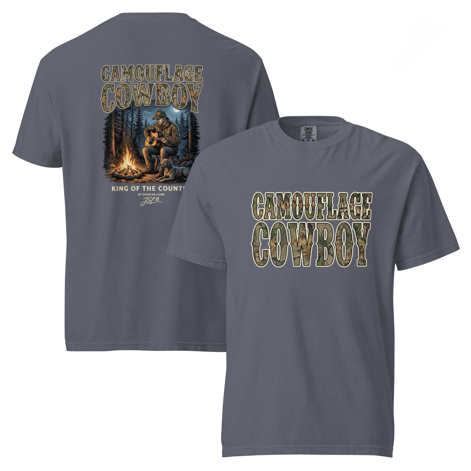 Unisex T-shirt, steel blue, back cowboy and bear graphic with flames