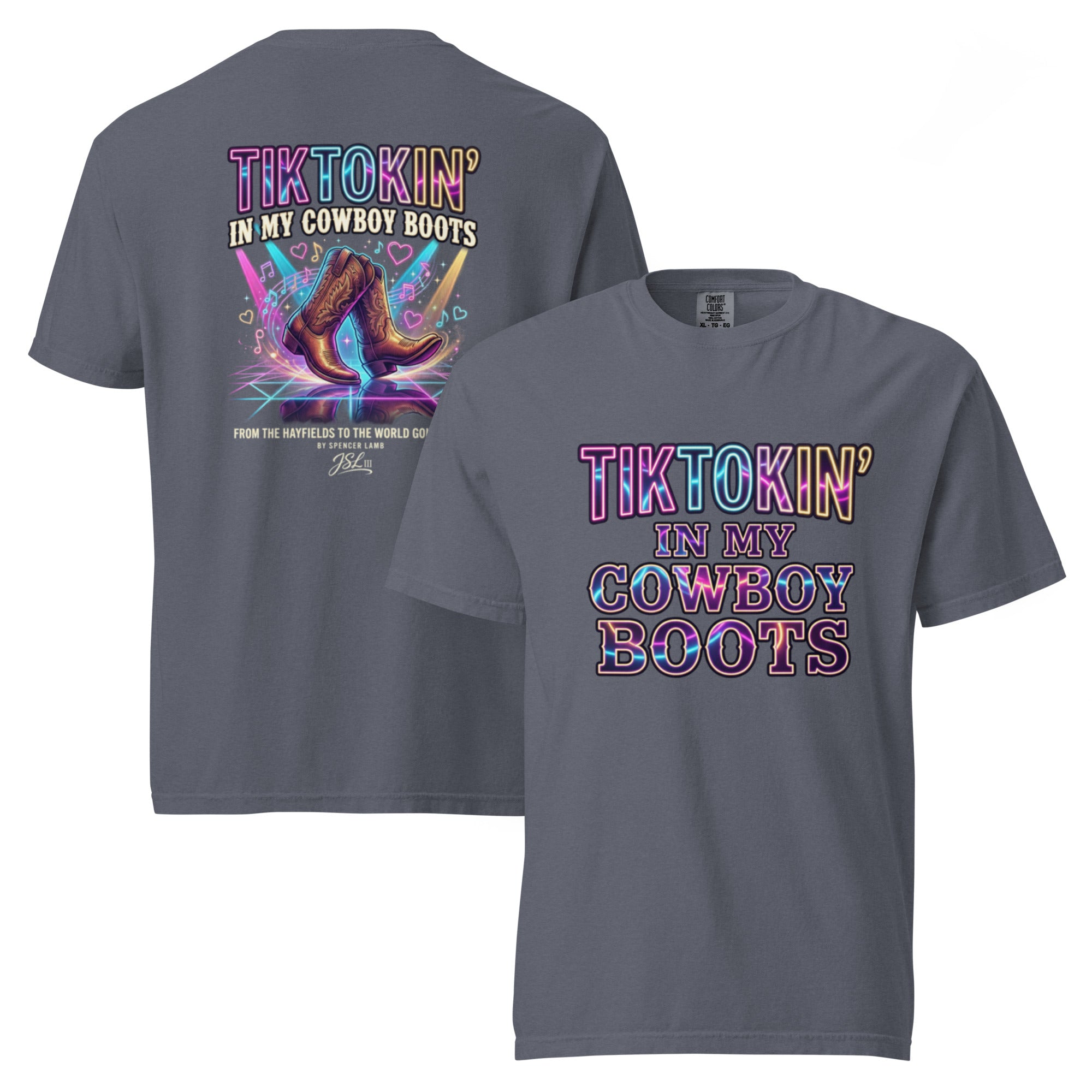 Unisex graphic T-shirt, dark blue, front and back cowboy boots lyric print