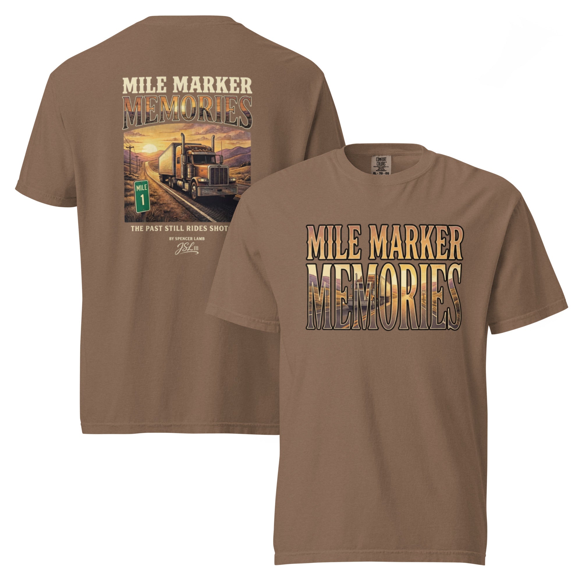 Brown lyric graphic T-shirt with large back and front text-and-photo print