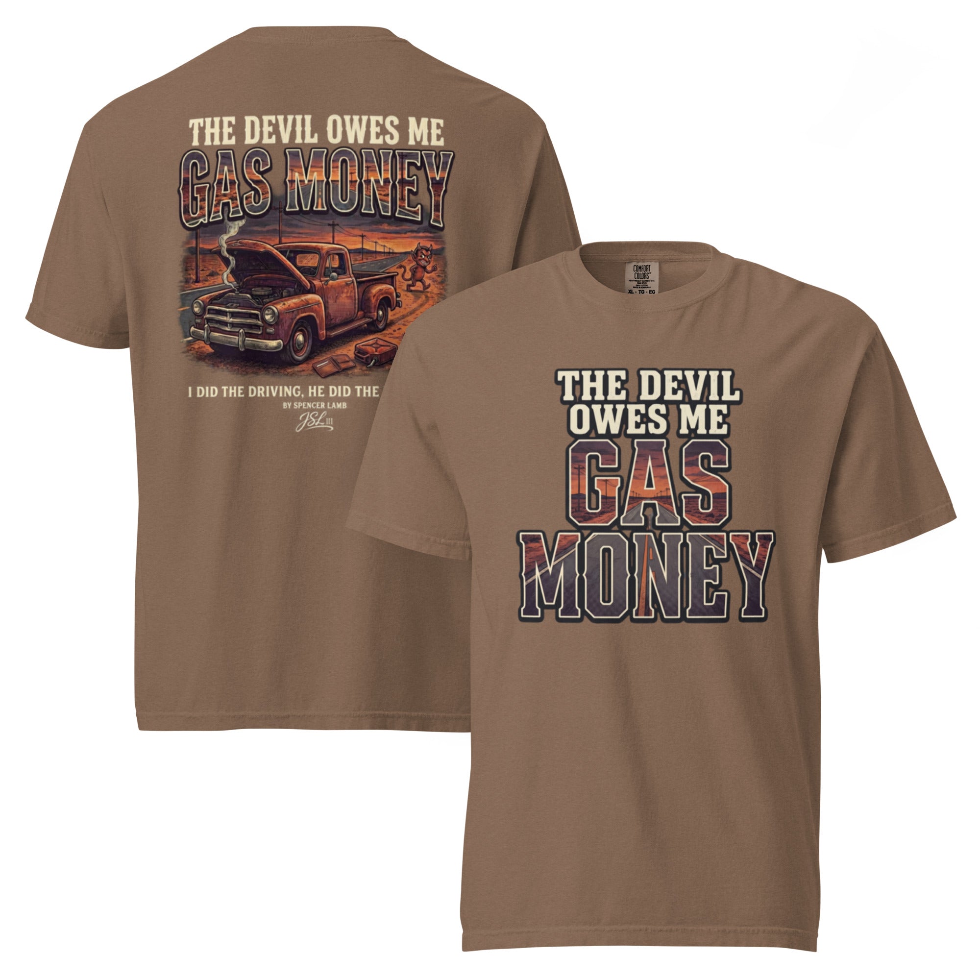 Brown unisex T-shirt with Gas Money truck graphic and lyric text