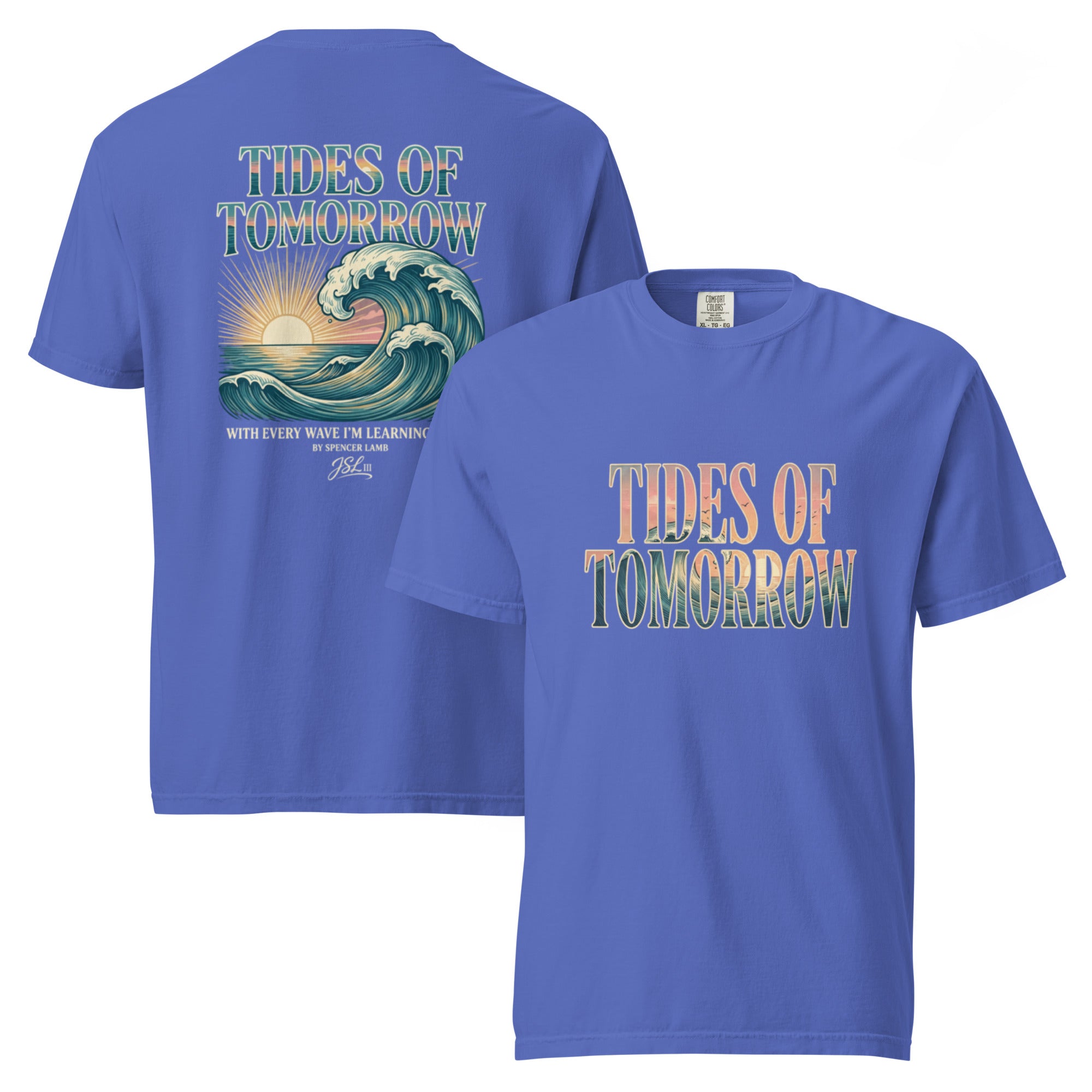 Mystic blue unisex lyric T-shirt with “Tides of Tomorrow” wave graphic, short sleeves