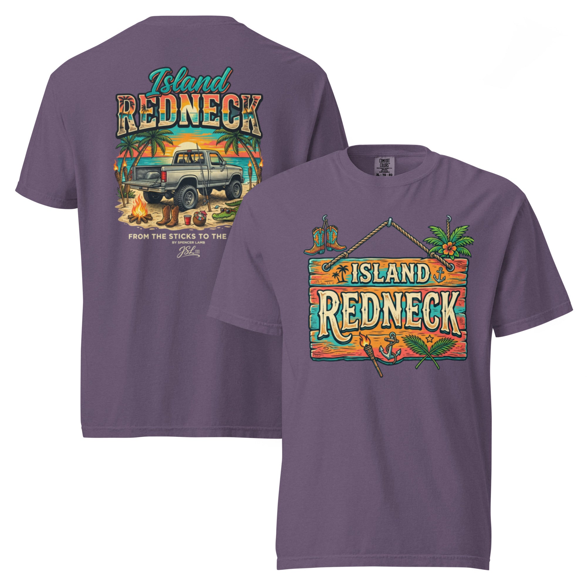 Purple lyric graphic T-shirt with front and back prints, island redneck artwork