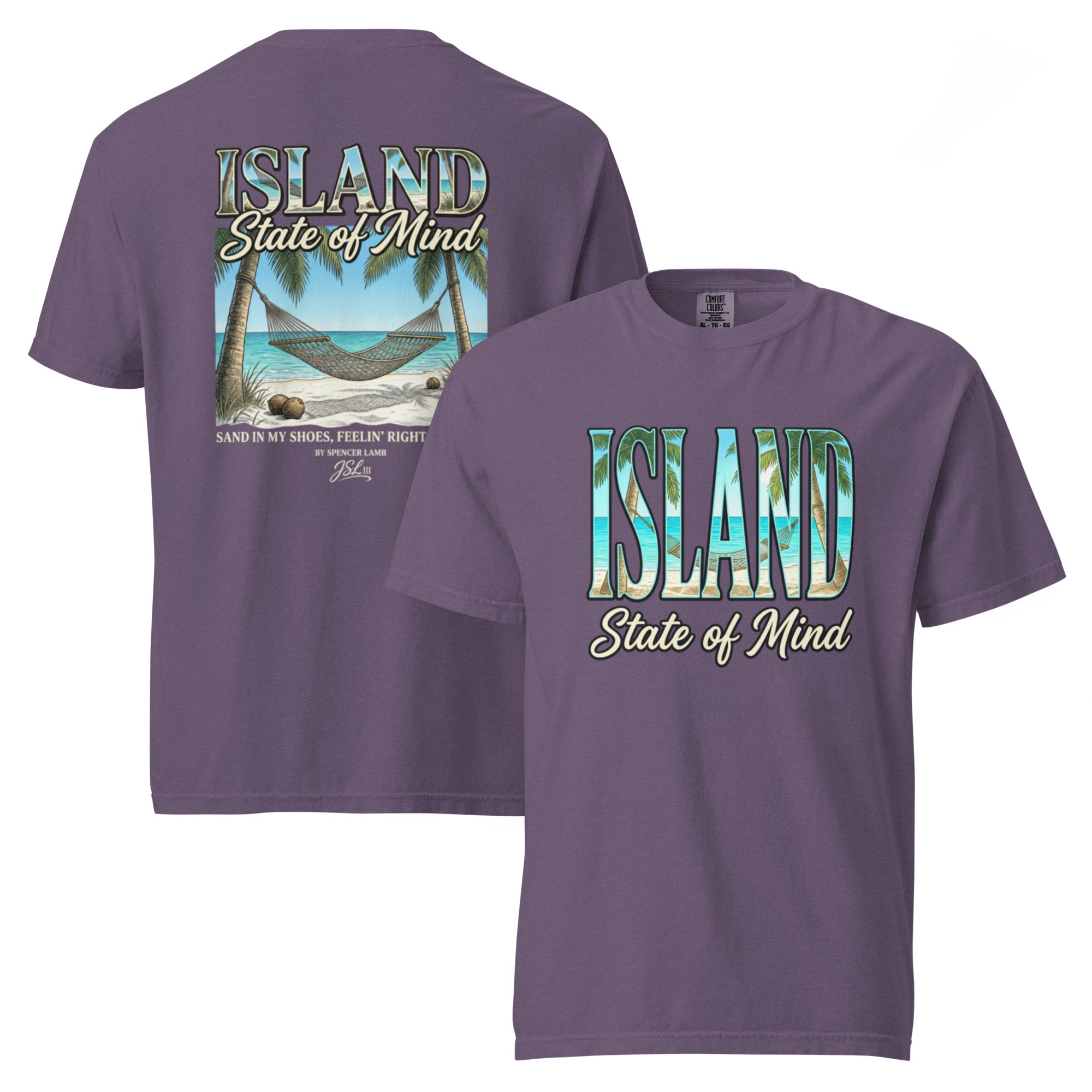 Purple unisex T-shirt with front Island State of Mind graphic and matching back print