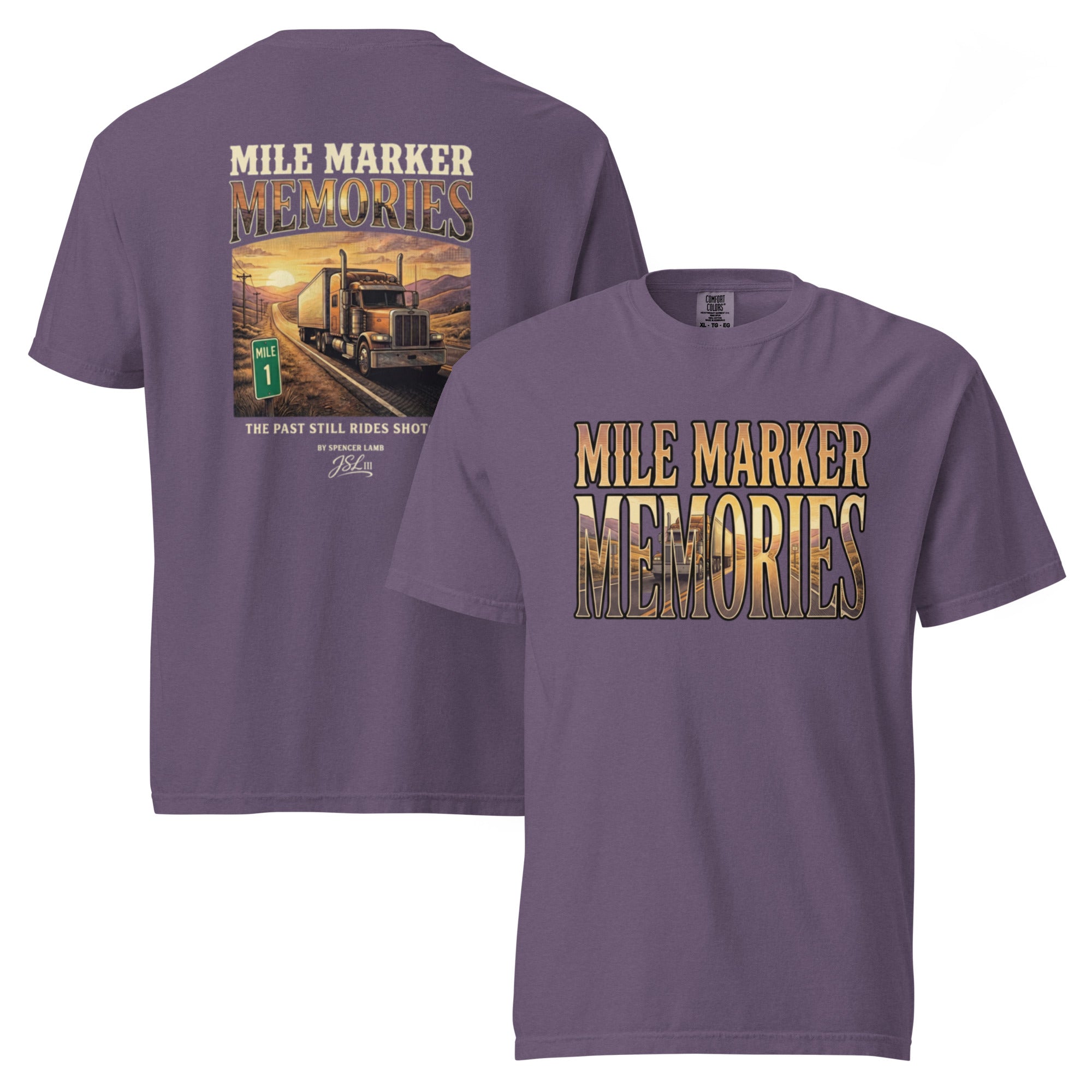 Purple lyric graphic T-shirt with large back and front text-and-photo print