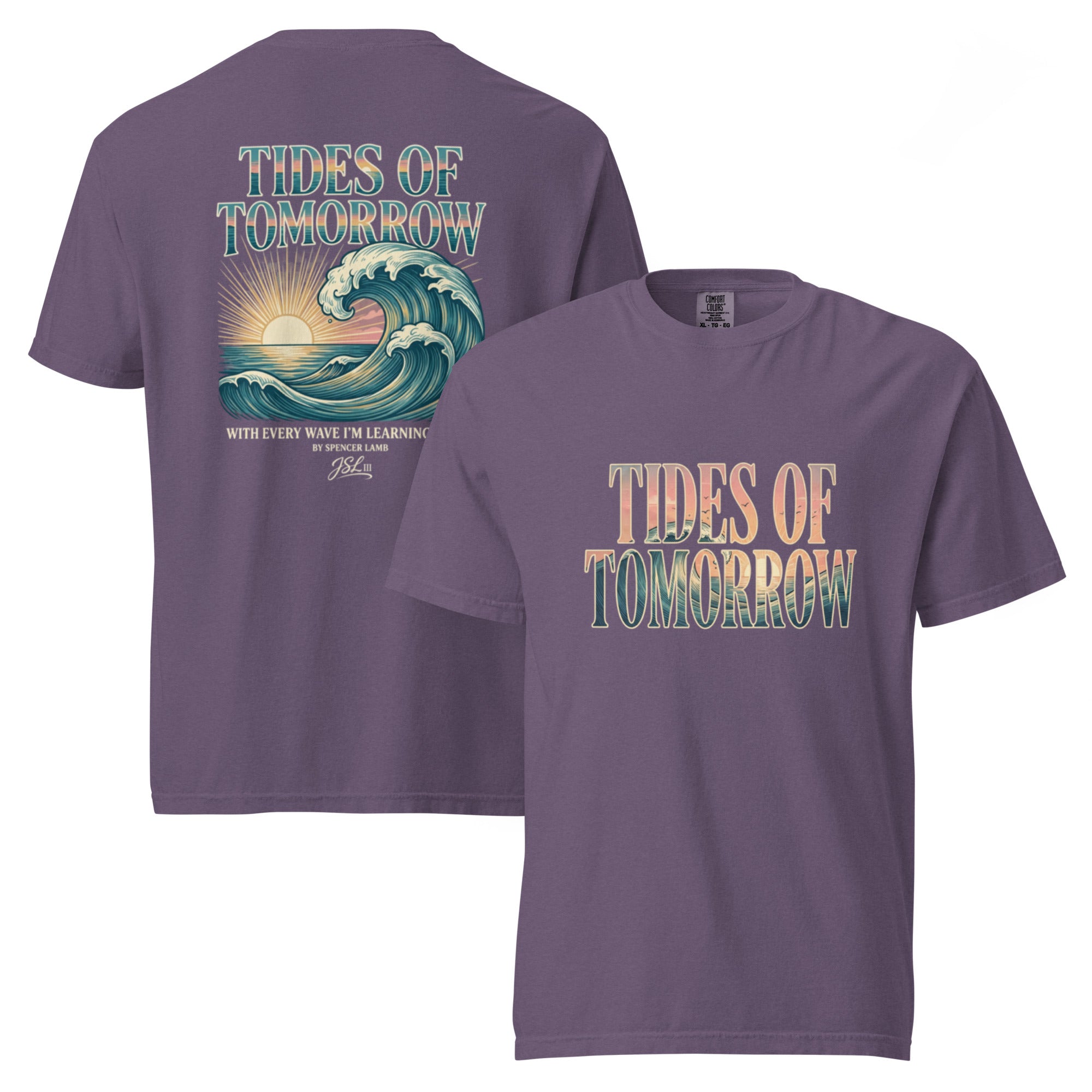 Grape unisex lyric T-shirt with “Tides of Tomorrow” wave graphic, short sleeves