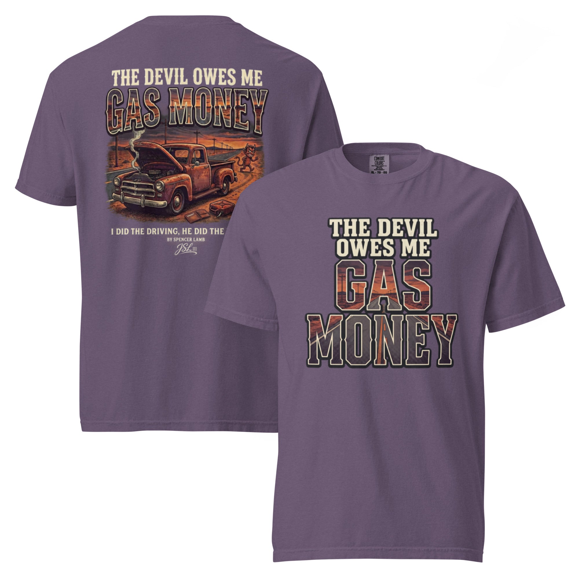 Purple unisex T-shirt with Gas Money truck graphic and lyric text