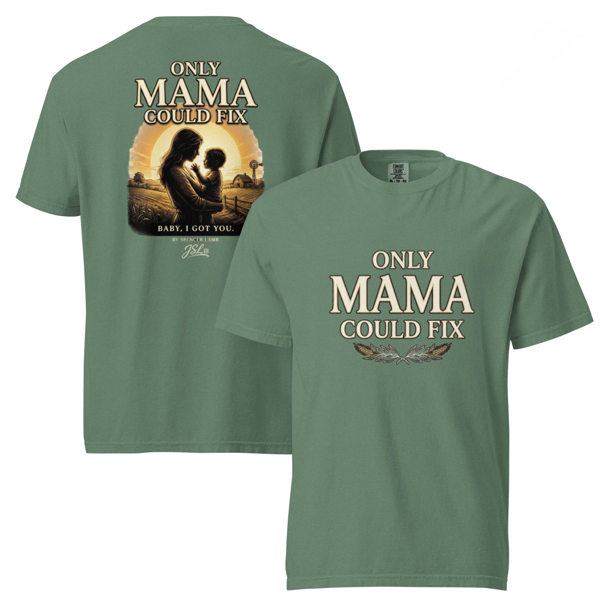 Green unisex T-shirt with front and back graphic text print