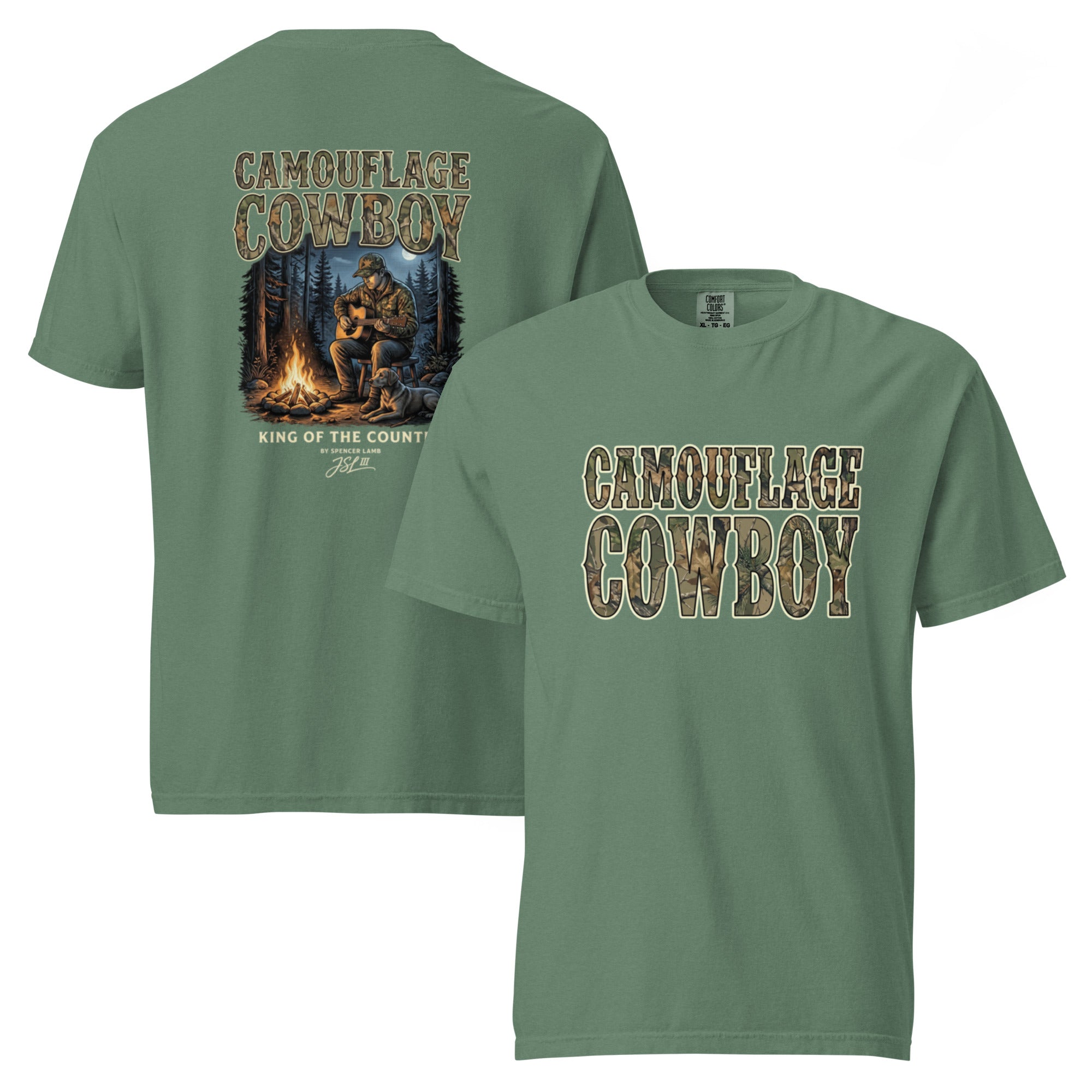 Unisex T-shirt, green, back cowboy and bear graphic with flames