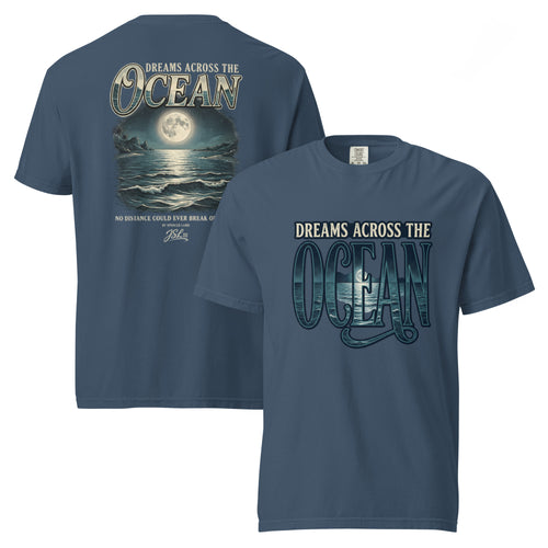 Unisex t-shirt in dark blue with large Ocean graphic on chest, shown front and back.