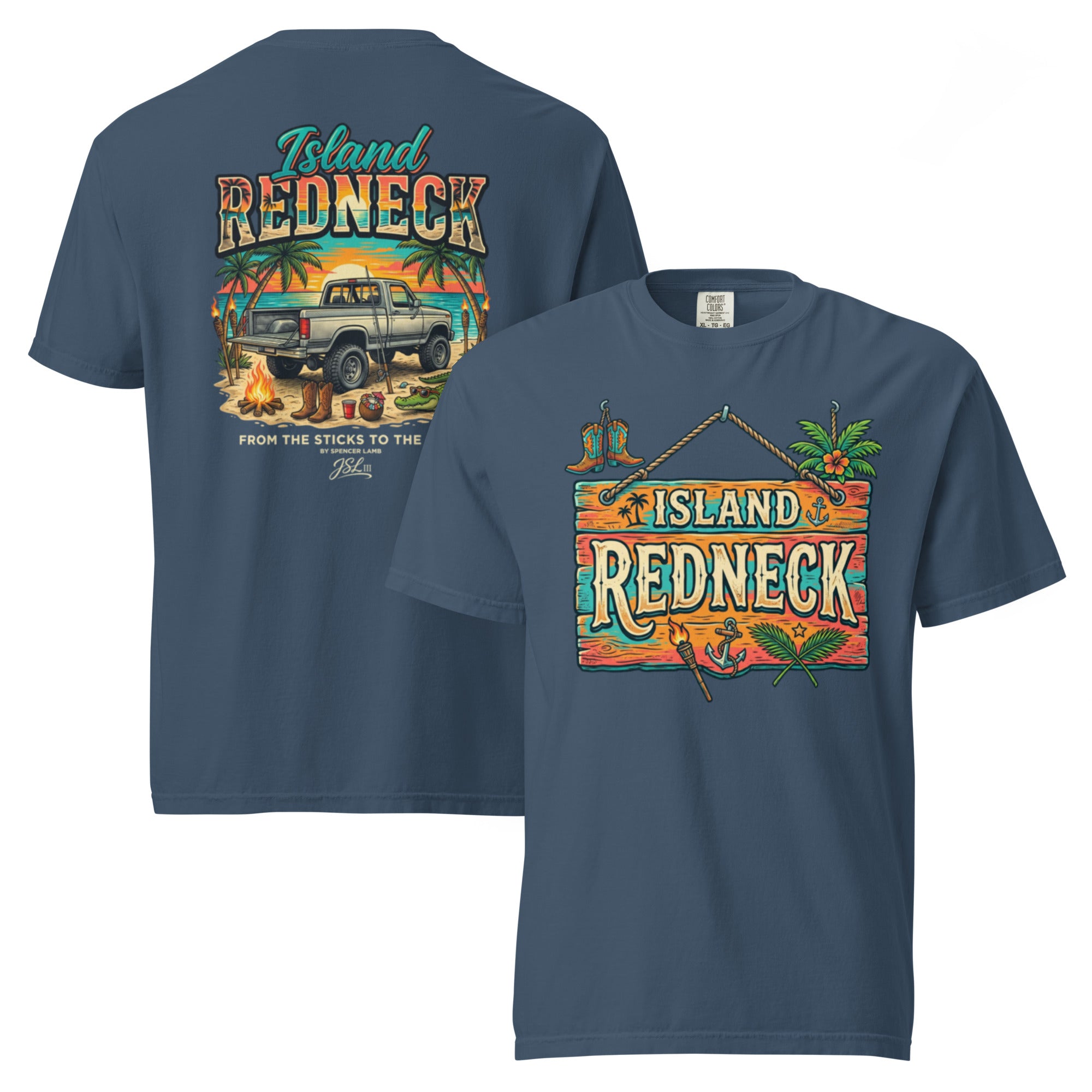 Blue lyric graphic T-shirt with front and back prints, island redneck artwork