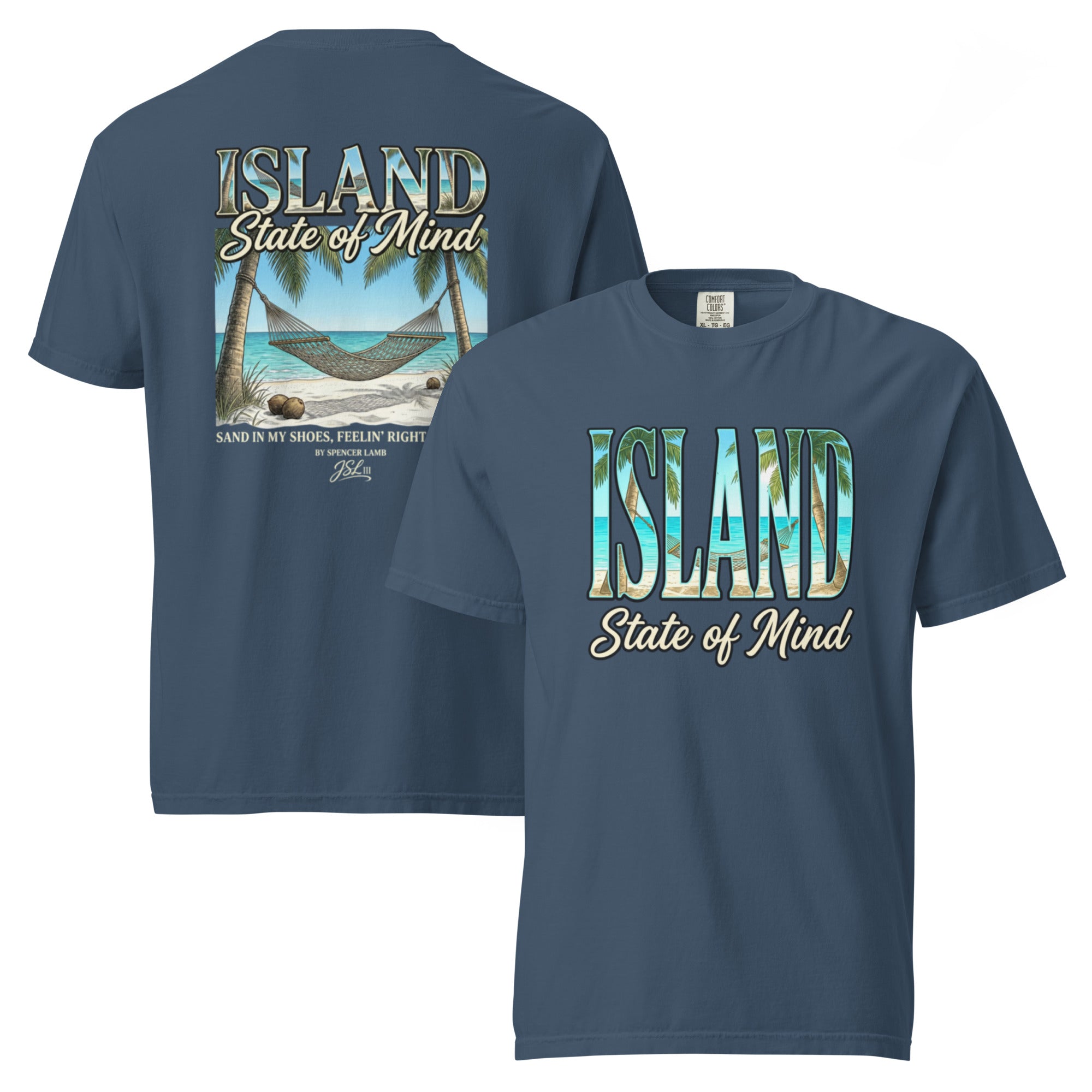 Navy unisex T-shirt with large front graphic and back Island State of Mind print