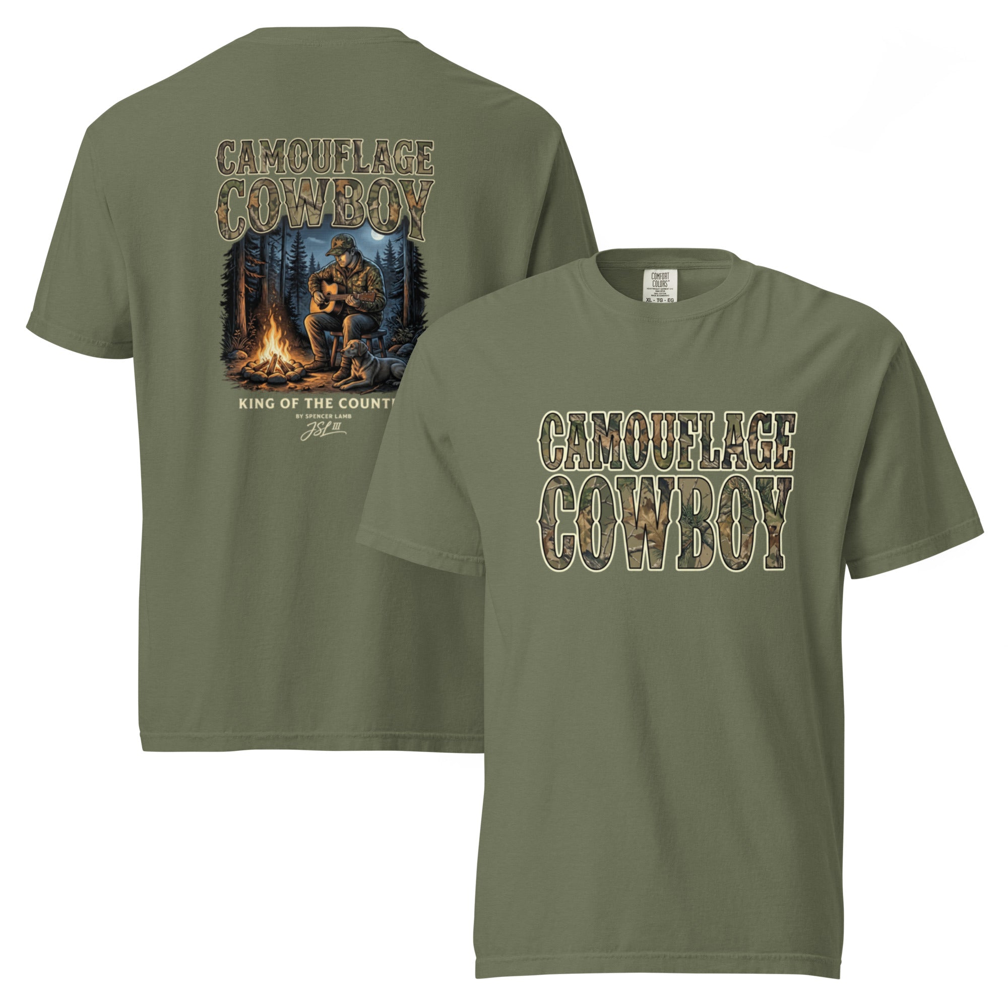 Unisex T-shirt, dark olive green, back cowboy and bear graphic with flames