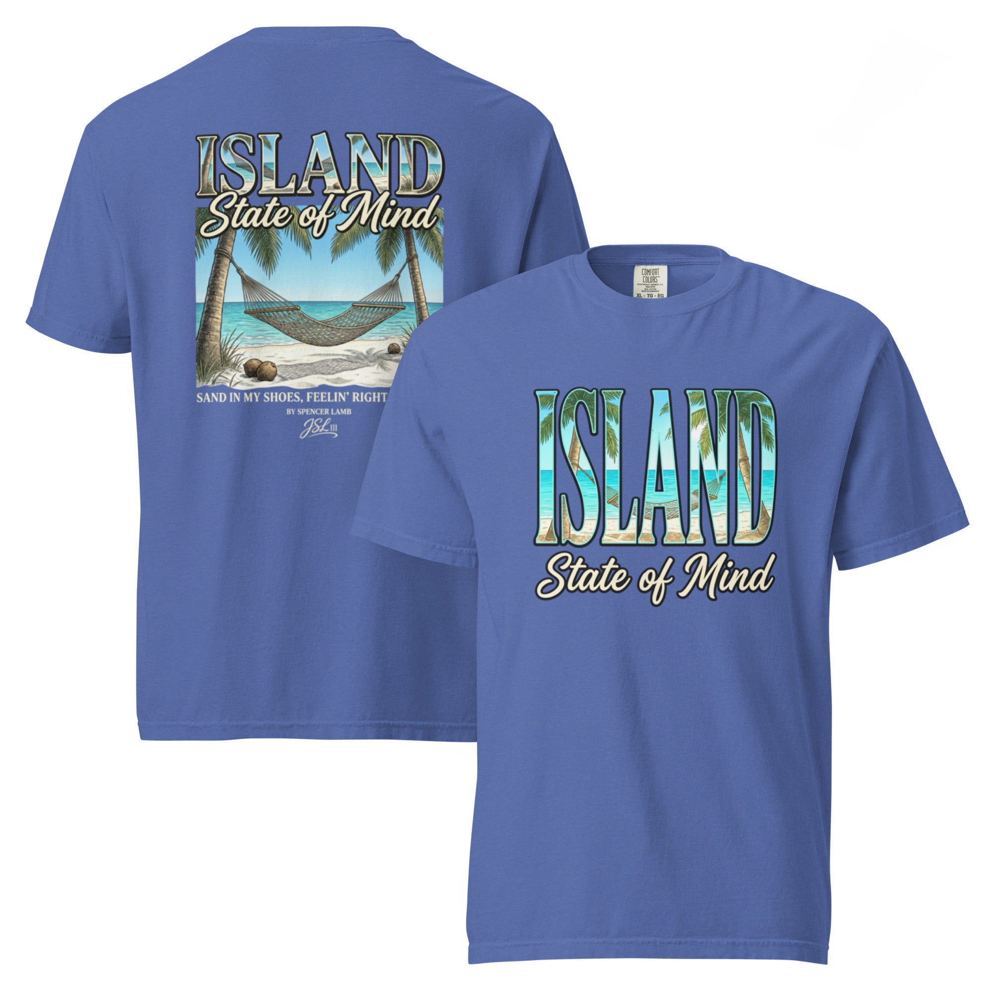 Royal blue unisex T-shirt with front Island State of Mind graphic and back panel artwork