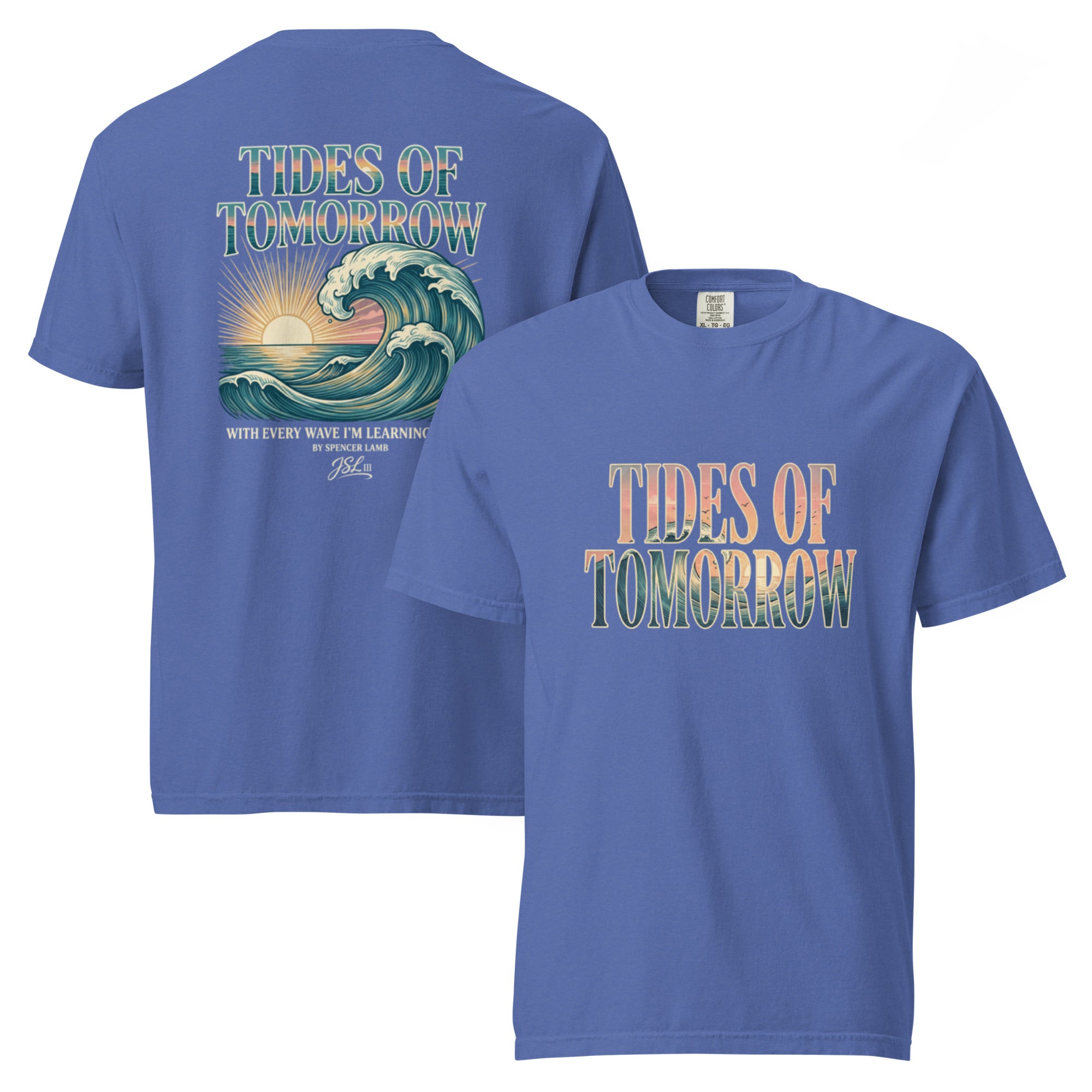 Flo blue unisex lyric T-shirt with “Tides of Tomorrow” wave graphic, short sleeves