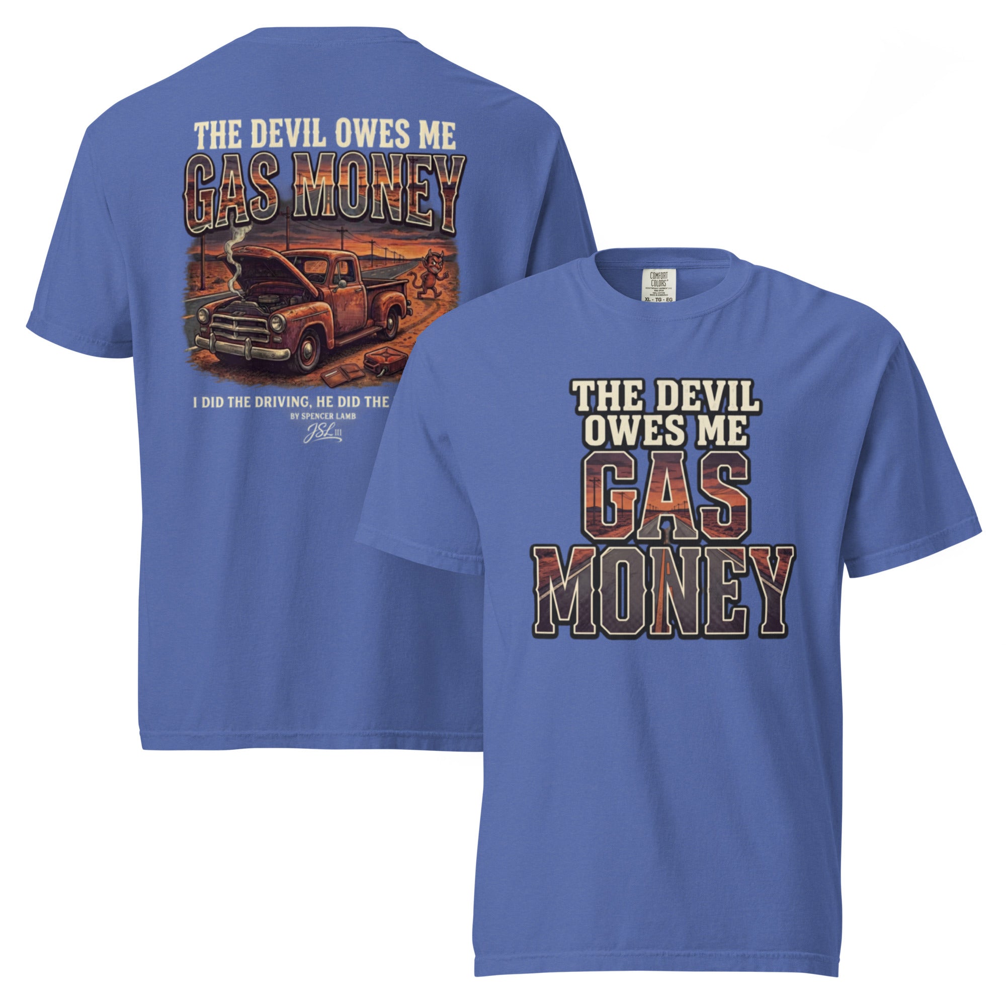 Royal blue unisex T-shirt with Gas Money truck graphic and lyric text