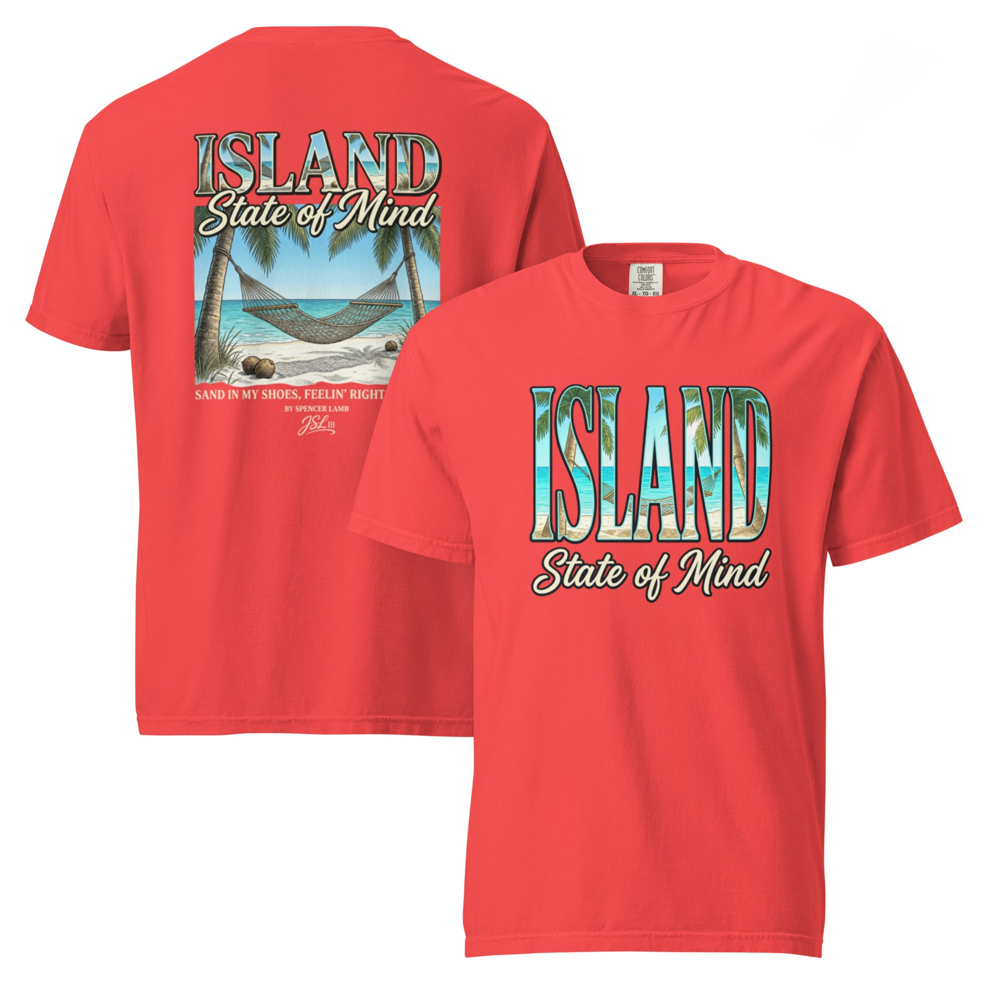 Red unisex T-shirt with front Island State of Mind graphic and matching back print