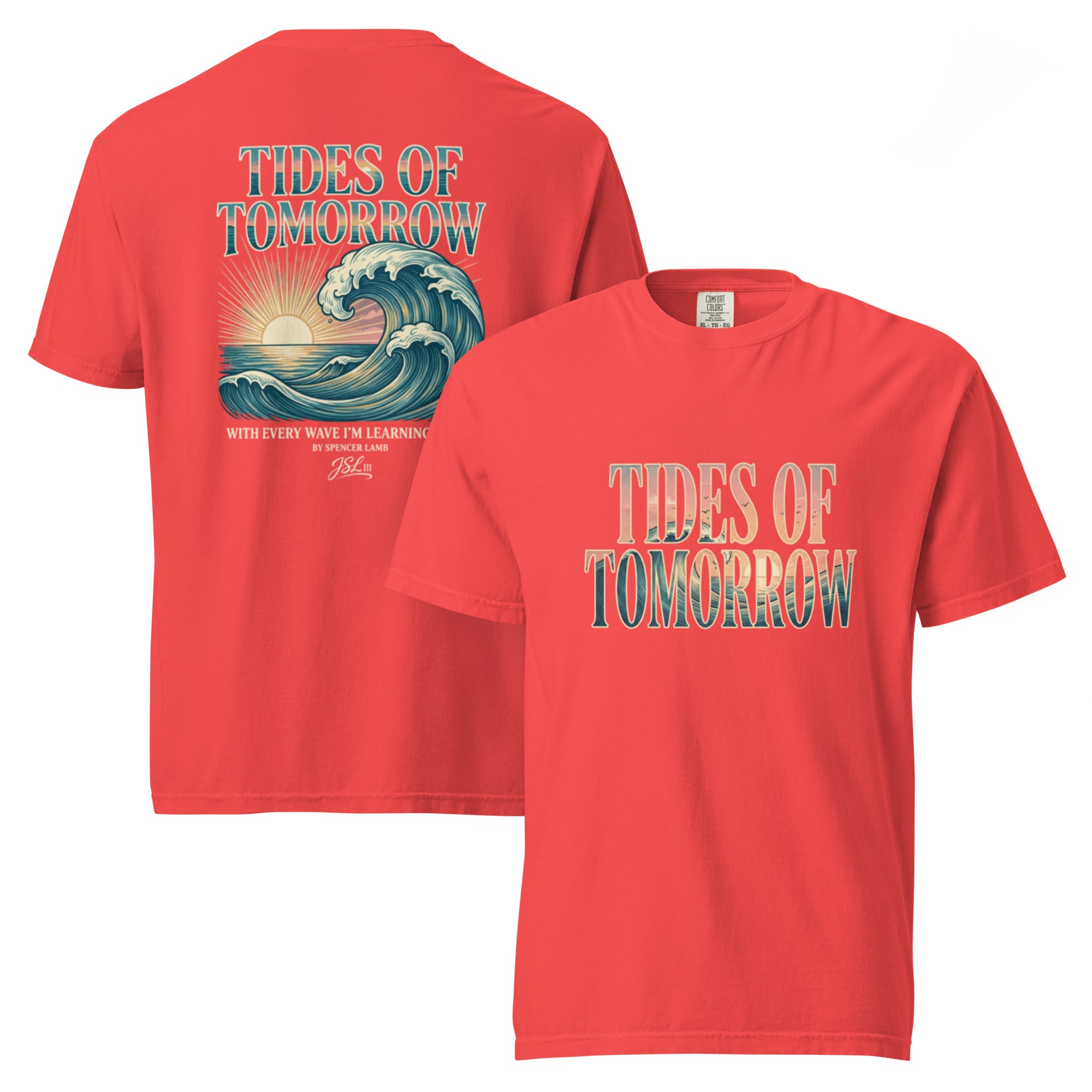 Red unisex lyric T-shirt with “Tides of Tomorrow” wave graphic, short sleeves