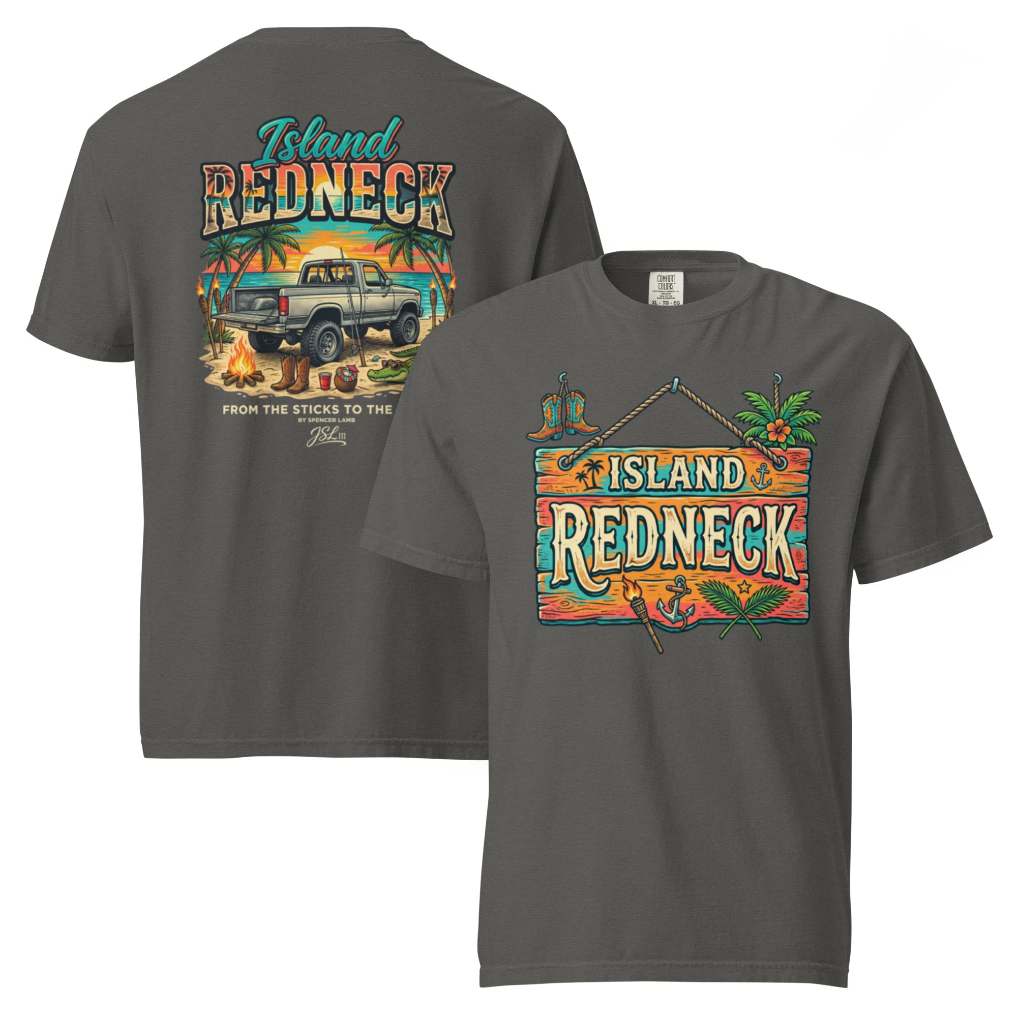 Dark gray lyric graphic T-shirt with front and back prints, island redneck design