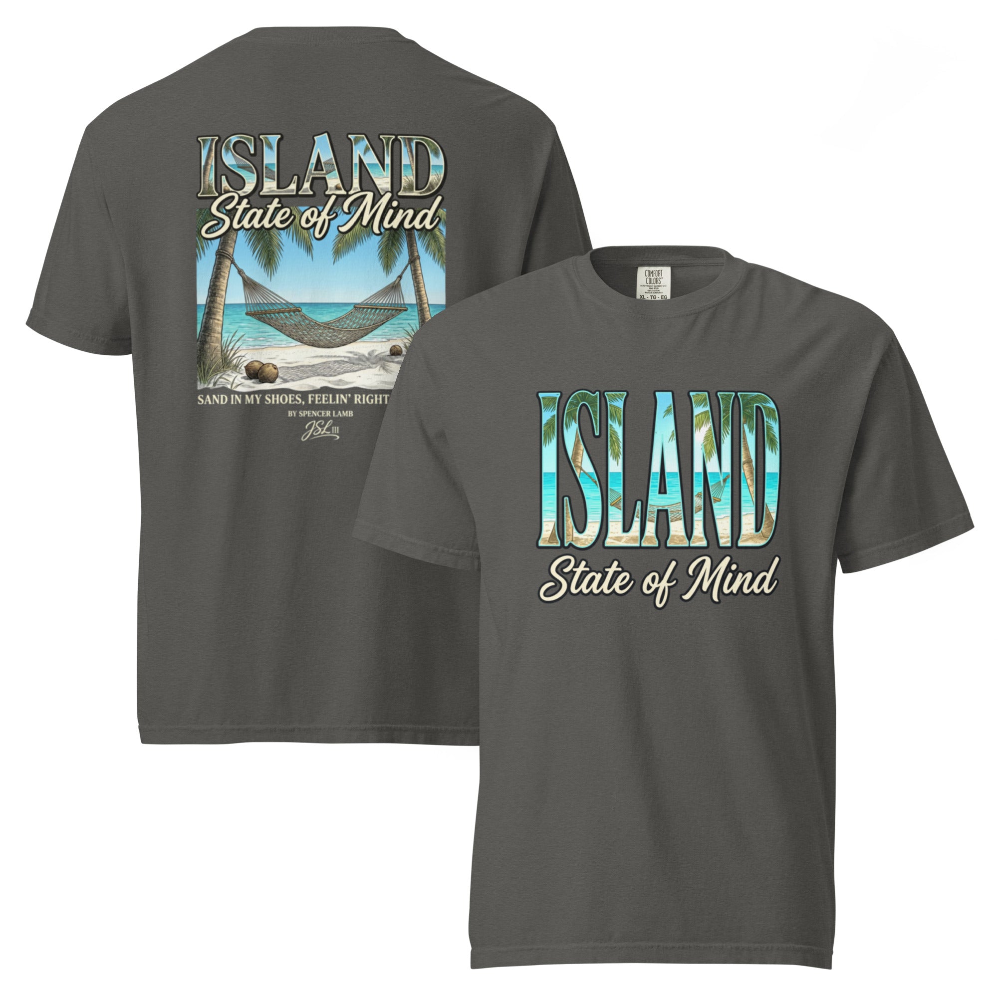 Dark gray unisex T-shirt with front Island State of Mind graphic and detailed back panel