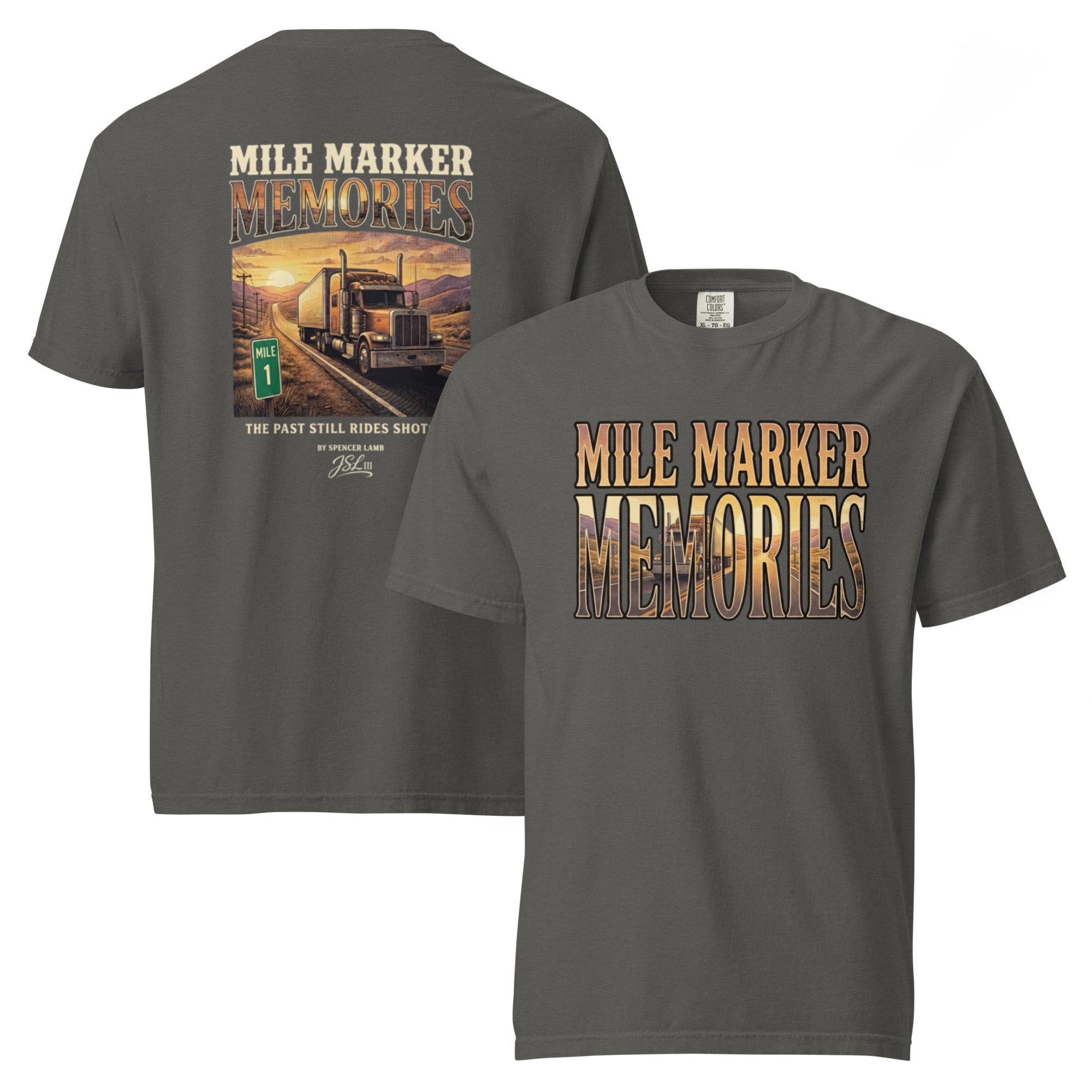 Gray lyric graphic T-shirt with large back and front text-and-photo print