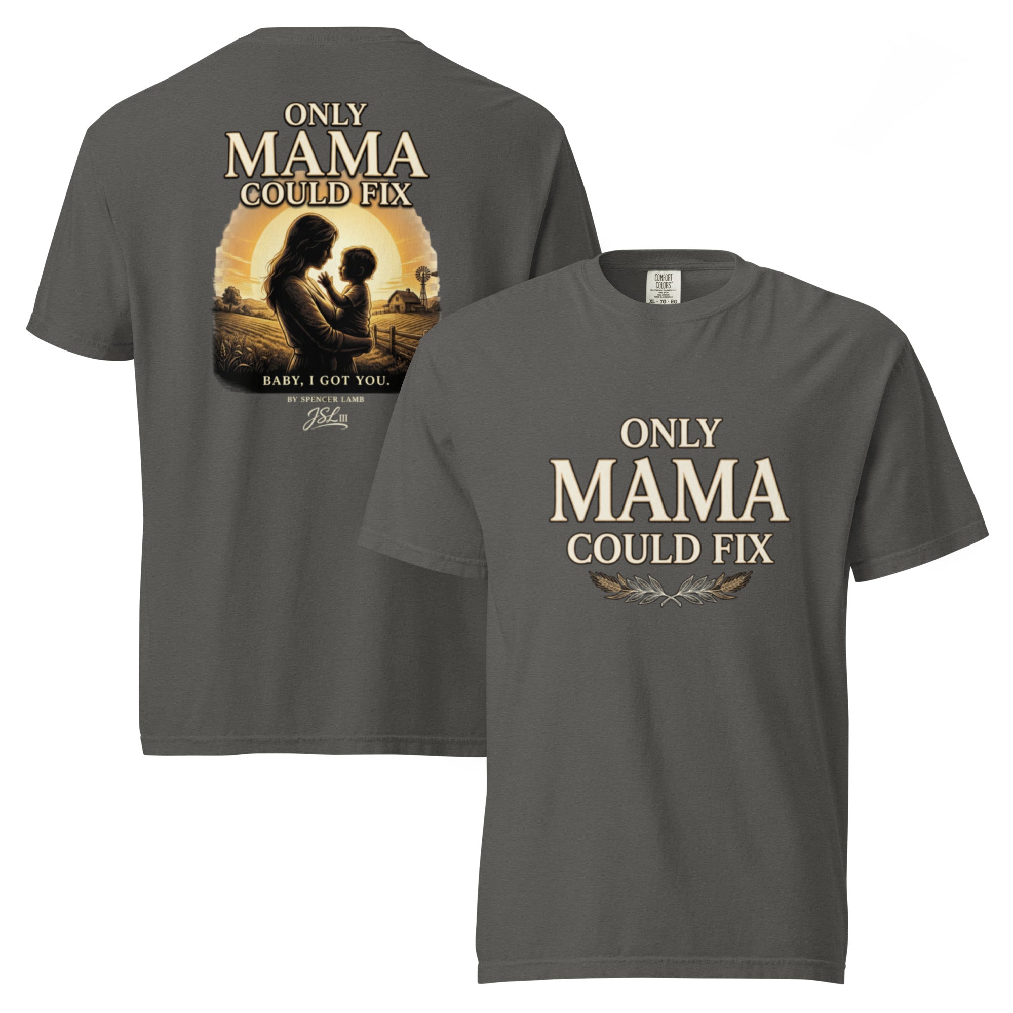 Dark gray unisex T-shirt with front and back graphic text print
