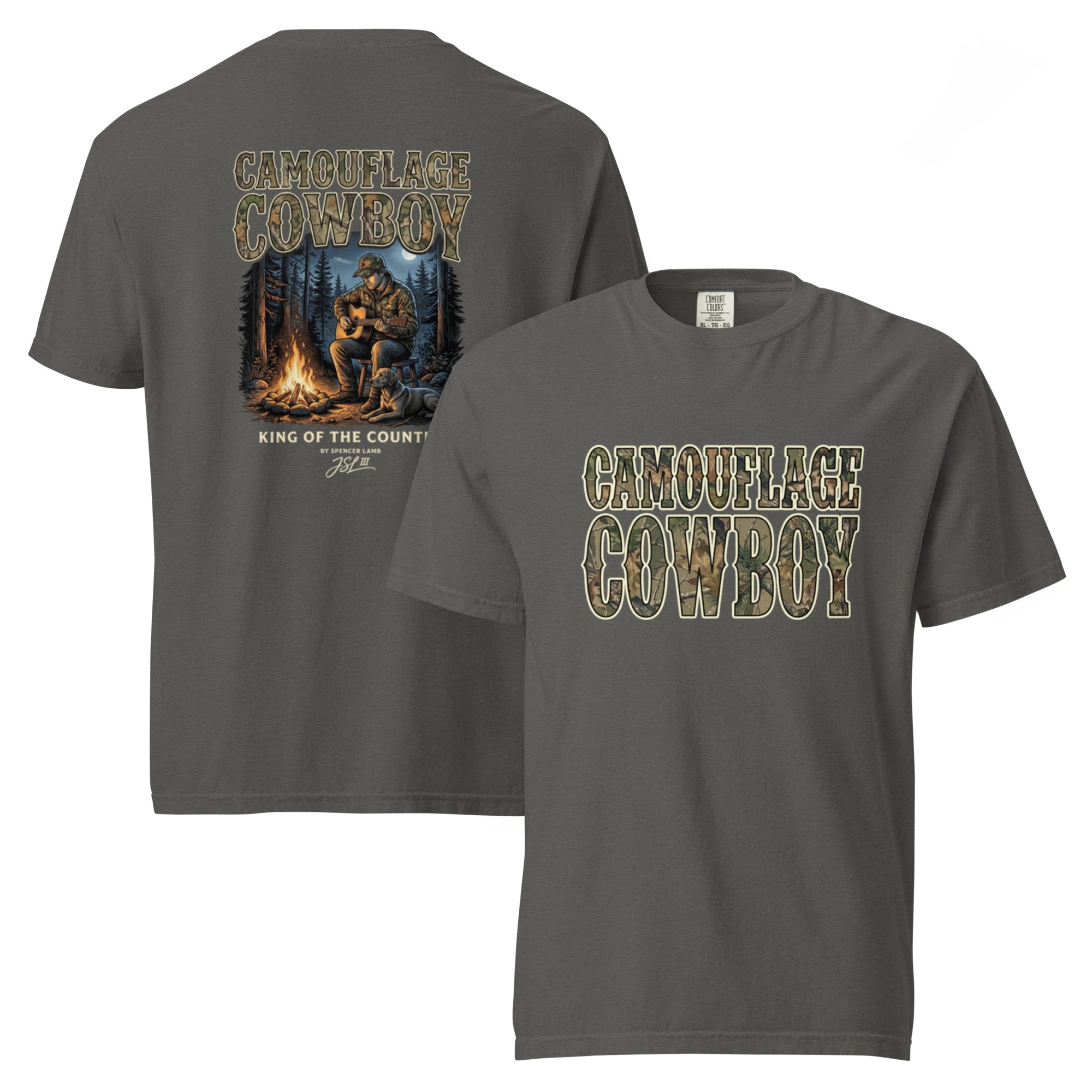 Unisex T-shirt, charcoal gray, back cowboy and bear graphic with flames