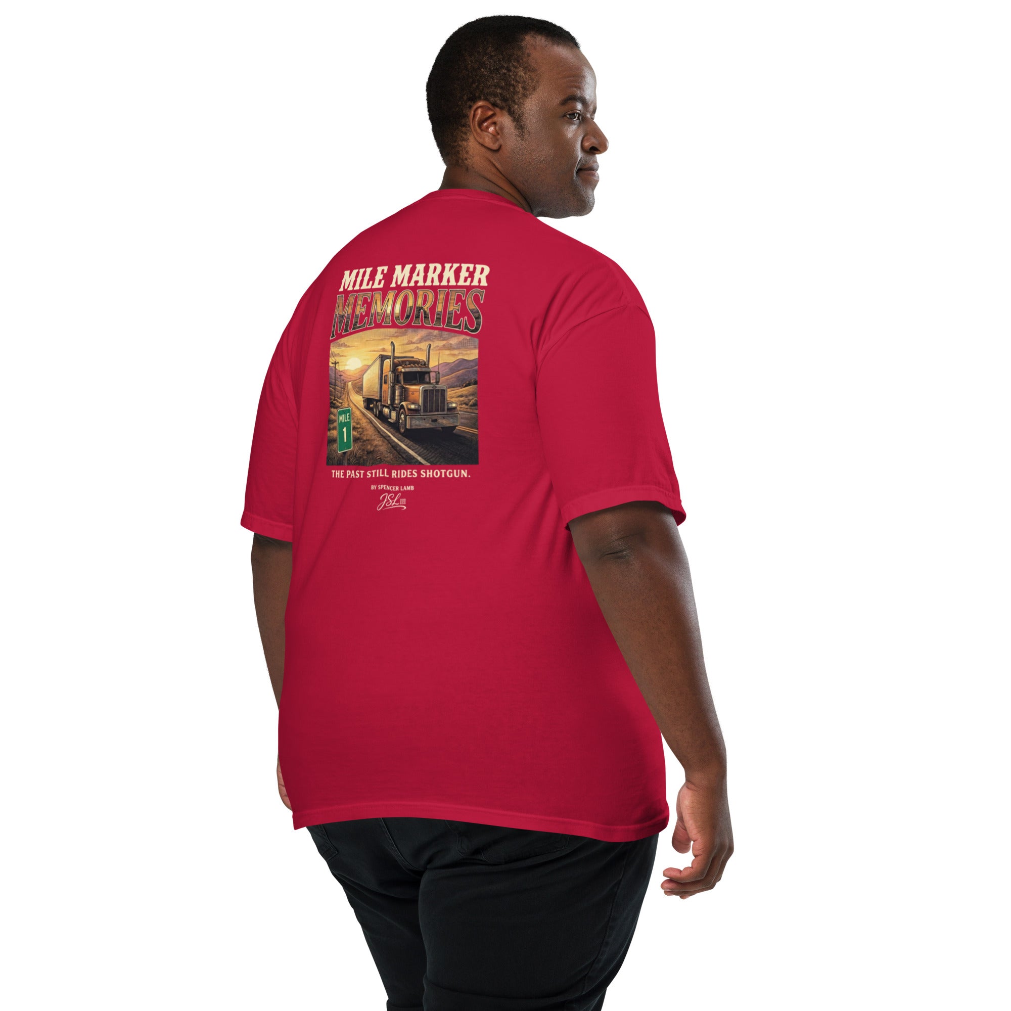 Red lyric graphic T-shirt on model, back text-and-photo print