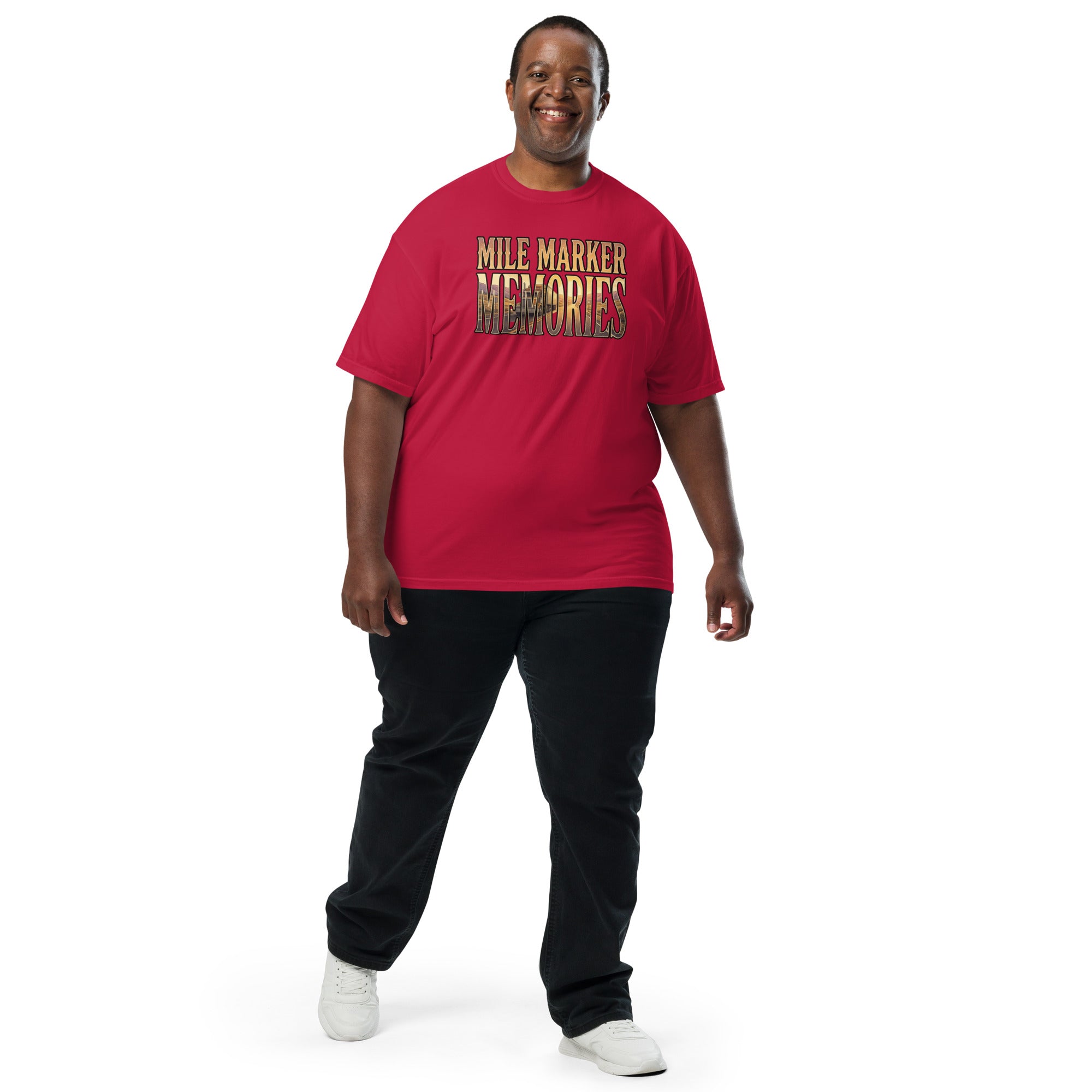 Red lyric graphic T-shirt on model, front text-and-photo print